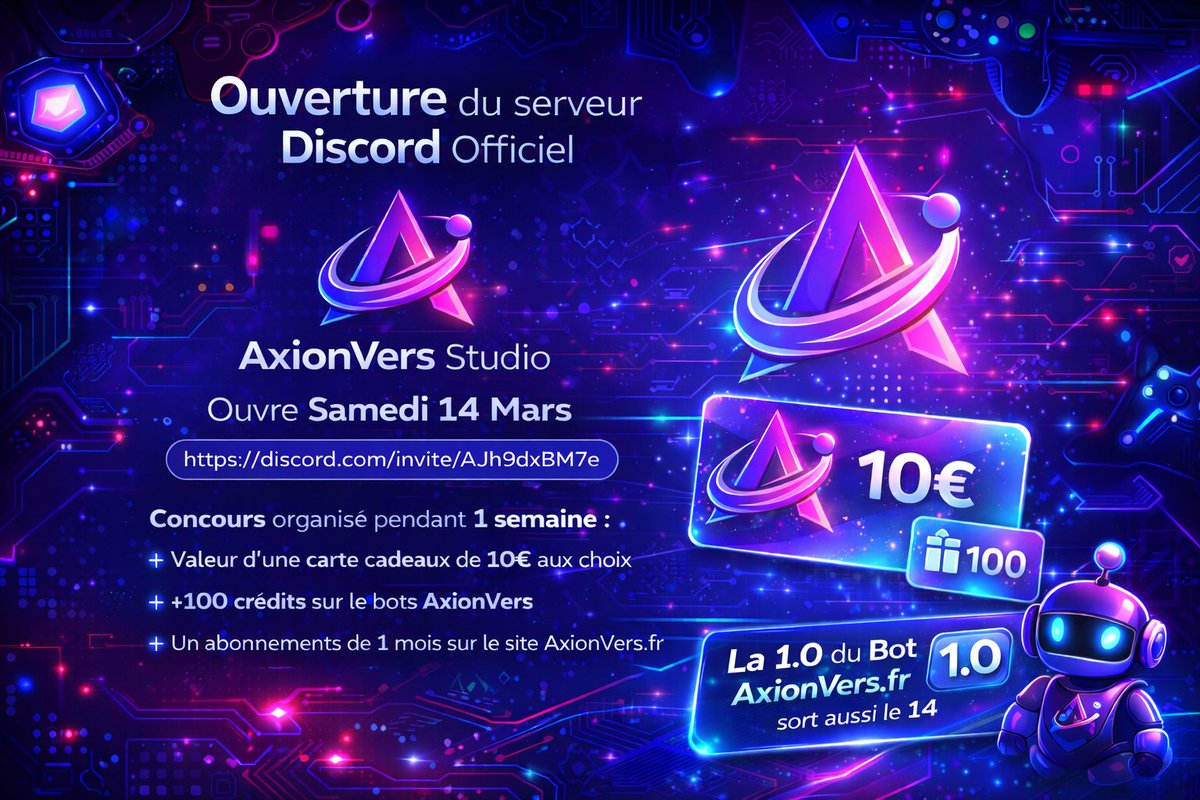 AxionOfficiel's tweet photo. 🚀 Grande ouverture ! Le Discord AxionVers ouvre le 14 mars Avec version 1.0 du bot AxionVers ! 📷 Concours pendant 1 semaine : • Carte cadeau 10€ au choix • 100 crédits sur le bot • 1 mois d’abonnement AxionVers #Discord #BotDiscord #Giveaway #Tech #Gaming https://t.co/1WF3jj1qth