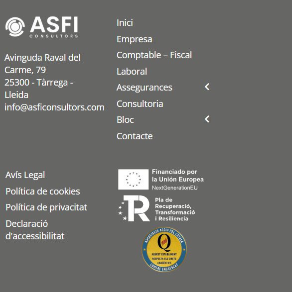 🚀✨ASFI Consultors s'adhereix a #ComerçEngresCat! Ofereixen assessorament fiscal, comptable, assegurances … tant presencialment com en línia. També disposen de segell web . Si necessites ajuda, estàs en bones mans! 💼🤝 #ComerçLocal #AccióPelCatalà 

Nom: ASFI Consultors