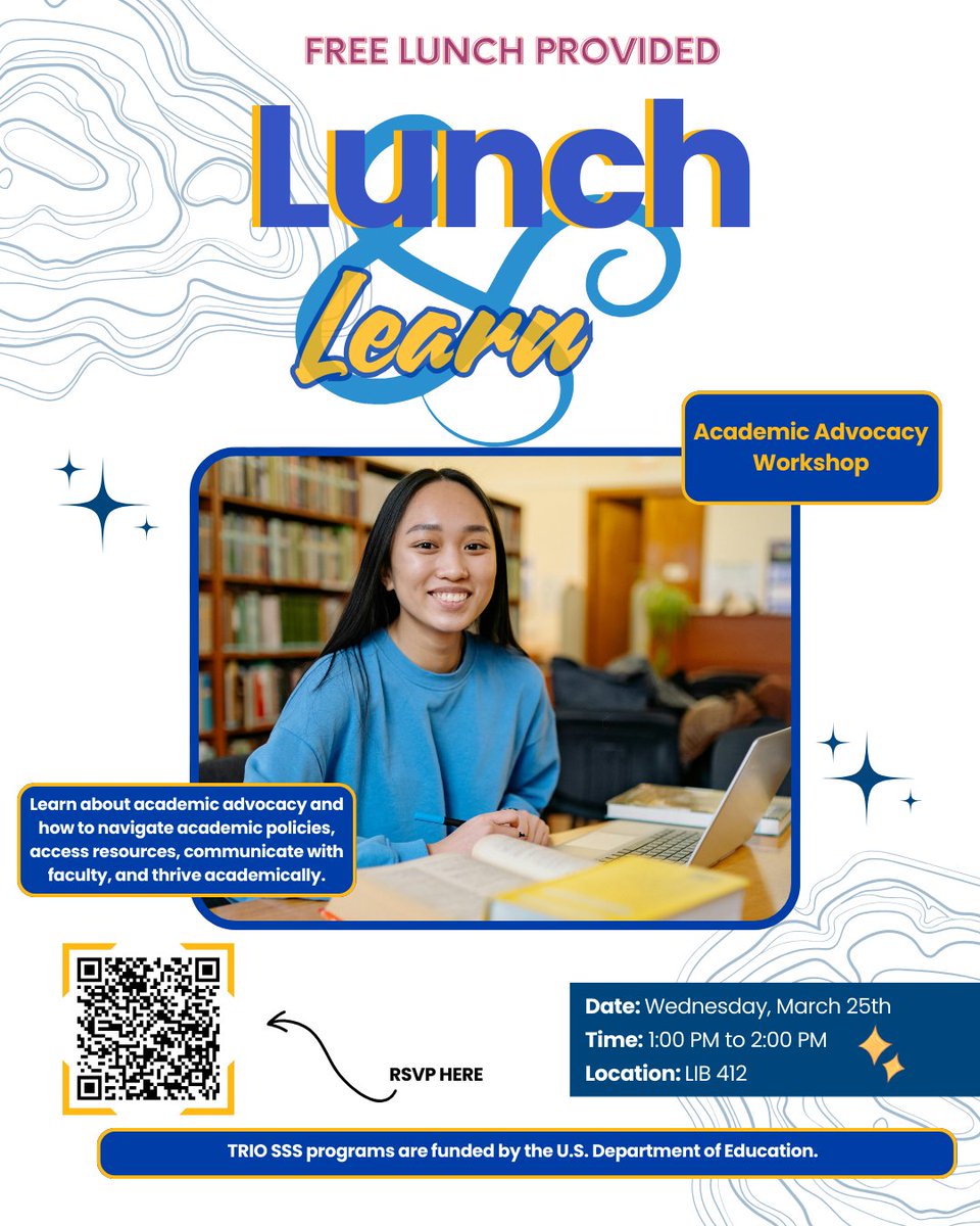 NEIUTRIO's tweet image. Join us for a TRIO Lunch &amp;amp; Learn: Academic Advocacy Workshop! 🎓

Learn how to advocate for yourself, navigate academic policies, access resources, communicate with faculty, and thrive academically.

🍽️ Food provided

RSVP by March 23, 12 PM
shorturl.at/lfiwq
#TRIOSSS