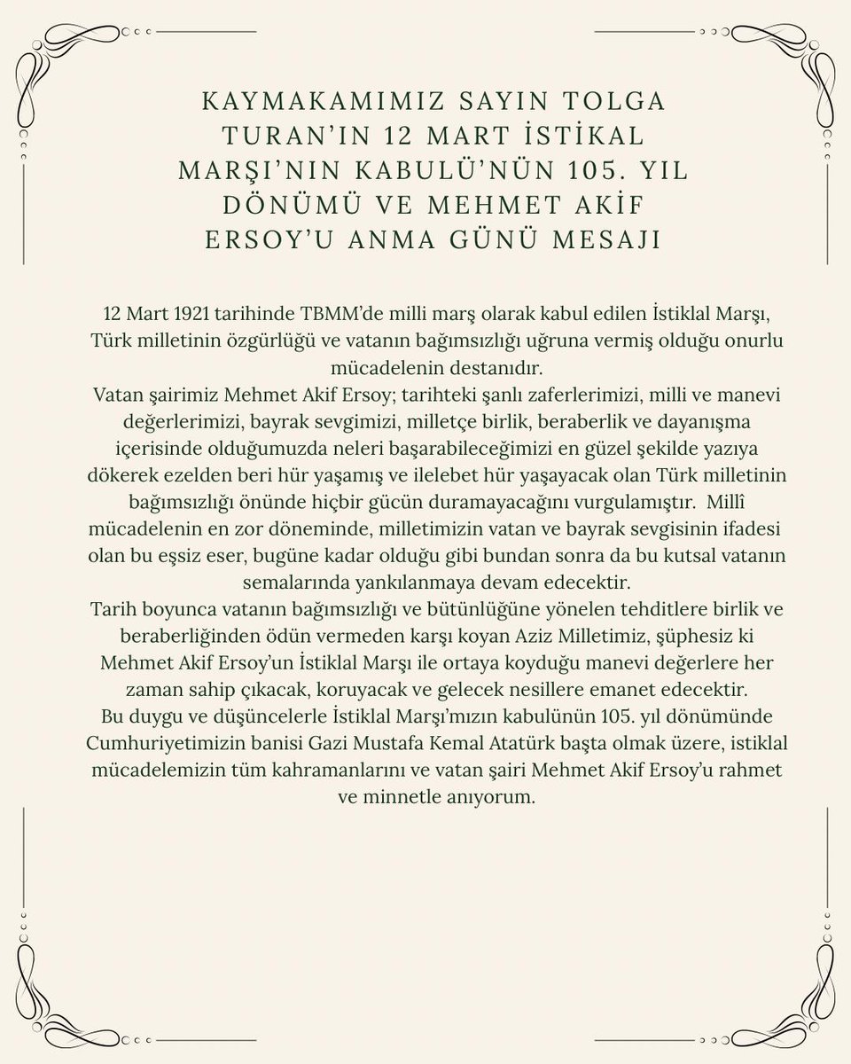 🇹🇷  12 Mart İstiklal Marşının Kabulü ve Mehmet Akif Ersoy'u Anma Günü mesajı