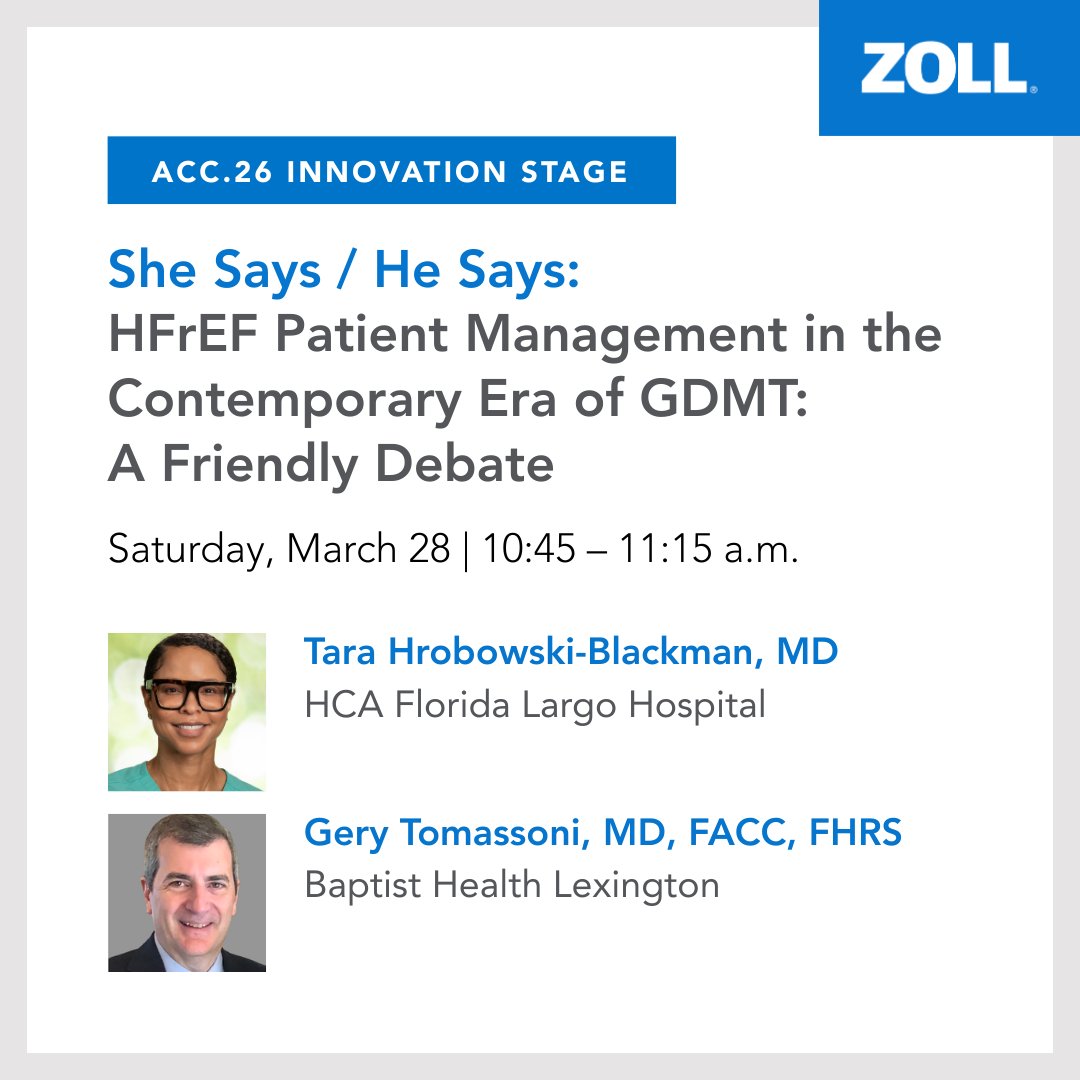 zoll_cms's tweet photo. Does GDMT mitigate early SCA risk?🫀

Recent peer-reviewed data tells us that newly diagnosed NICM and MI/CAD patients remain at risk even with high utilization of GDMT.¹ 

Join Dr. Hrobwoski-Blackman and Dr. Tomassoni at #ACC26 as they discuss how LifeVest can provide proactive protection for these at-risk patients.

Save the date (March 28) and register now: https://t.co/a2HGBffP12

¹European Heart Journal. https://t.co/JXhxjEEpbK