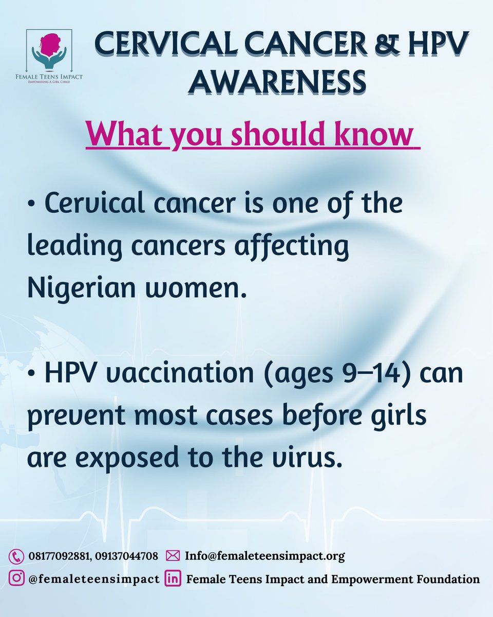 What you should Know!!!

Cervical cancer is largely preventable when detected early and when the right preventive measures are taken. By creating awareness and providing access to screening and vaccination, we are taking meaningful steps toward protecting the health of our women.