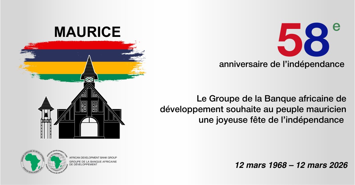 À l'occasion du 58e anniversaire de l'indépendance de la République de Maurice, le <a href="/Groupe_AfDB/">Groupe de la Banque africaine de développement</a> adresse ses plus chaleureuses salutations au gouvernement et au peuple mauriciens.

Portefeuille actuel du Groupe de la Banque :
➡️ 369 millions de dollars.
➡️ 6 projets (au 6 mars