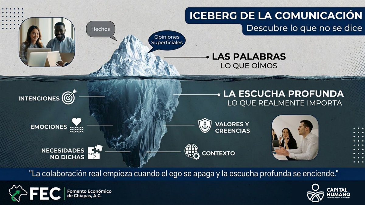 CapitalHFEC's tweet photo. ¿Sabías que lo más importante en una conversación es lo que no se dice? 🧊 La escucha profunda es aprender a ver debajo de la superficie para colaborar de verdad. ¡Cambia tu perspectiva! #CapitalHumano #Liderazgo https://t.co/U5kY796Vc7