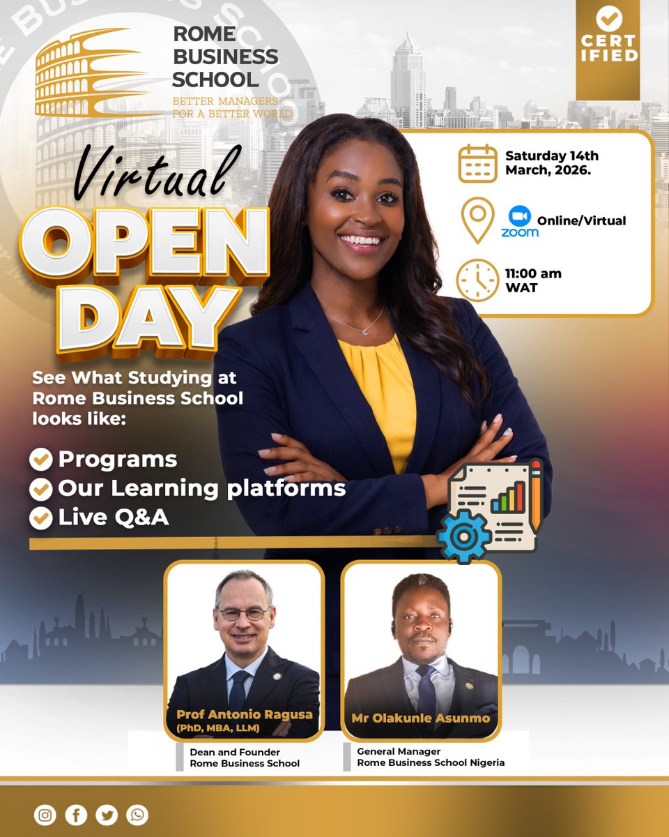 RBS_NG's tweet photo. Join the RBSN Virtual Open Day to explore our globally recognised programmes.
๐ Prof. Antonio Ragusa โ Dean & Founder
๐ Olakunle Asunmo โ GM, RBS Nigeria
๐
Mar 14, 2026 | โฐ 11 AM | ๐ Online
๐ Register:
https://t.co/uVMgKFZ7ek
#RBSN #VirtualOpenDay #CareerGrowth https://t.co/BEerTfvRNY