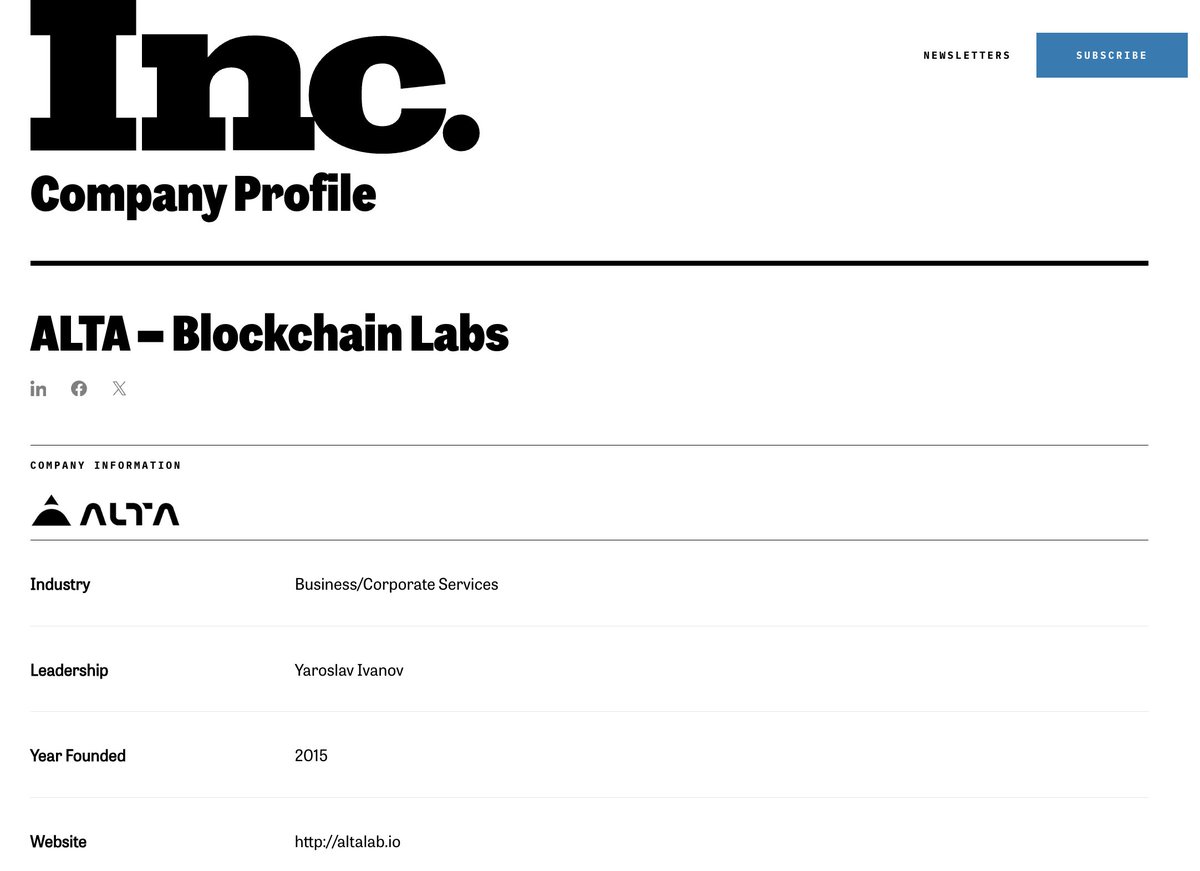 ALTALab_io's tweet image. ALTA – Blockchain Labs is now listed in @Inc. Magazine Company Profile, a leading publication for growing companies.

inc.com/profile/alta-b…

#CryptoCompany #Blockchain #Web3 #Inc
