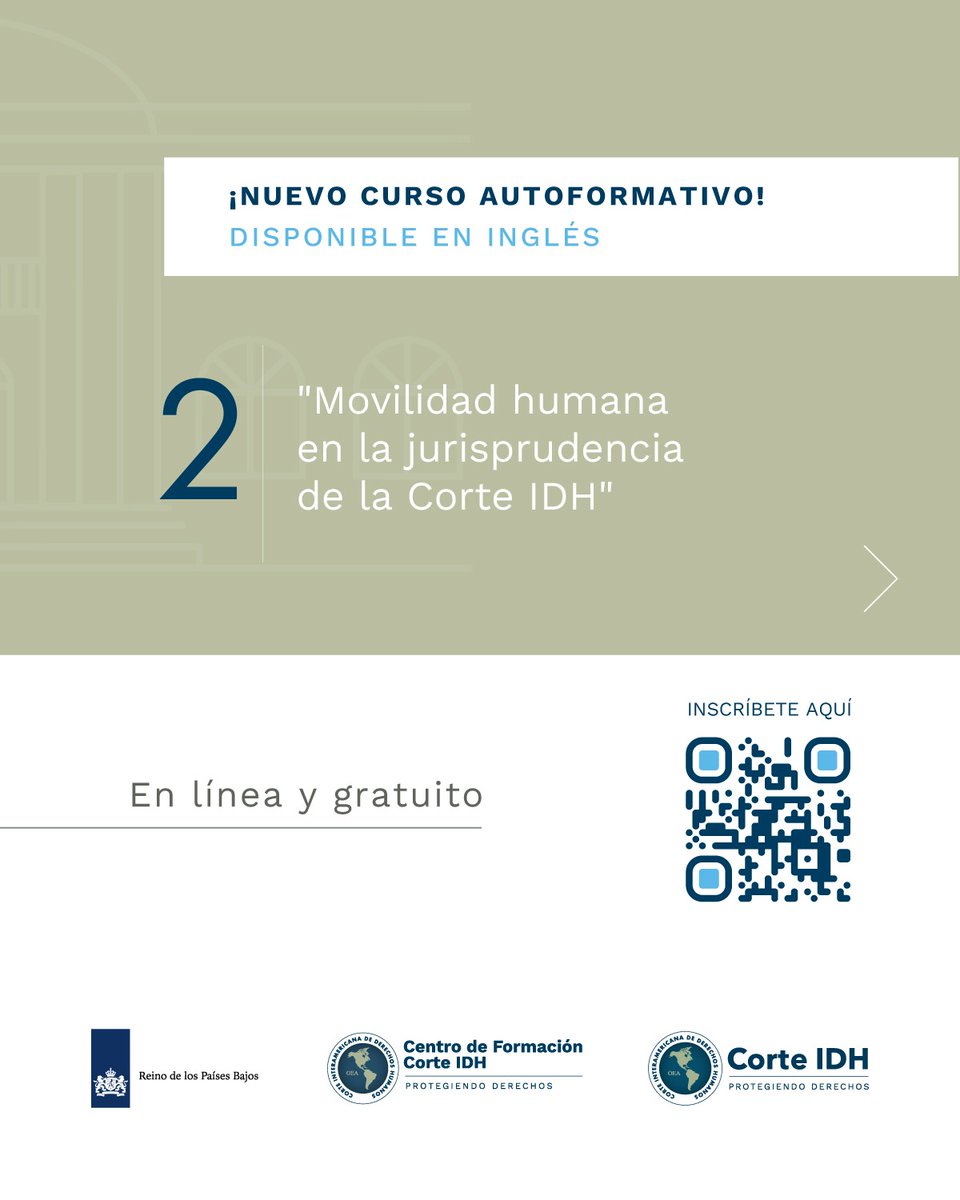 CorteIDH's tweet photo. 📘 ¡Nuevos cursos disponibles!

La Corte Interamericana de Derechos Humanos presenta tres nuevos cursos autoformativos en inglés: “El derecho de las personas con discapacidad en la jurisprudencia de la Corte IDH”, “Movilidad humana en la jurisprudencia de la Corte IDH” e “Igualdad y no discriminación II en la jurisprudencia de la Corte IDH”.