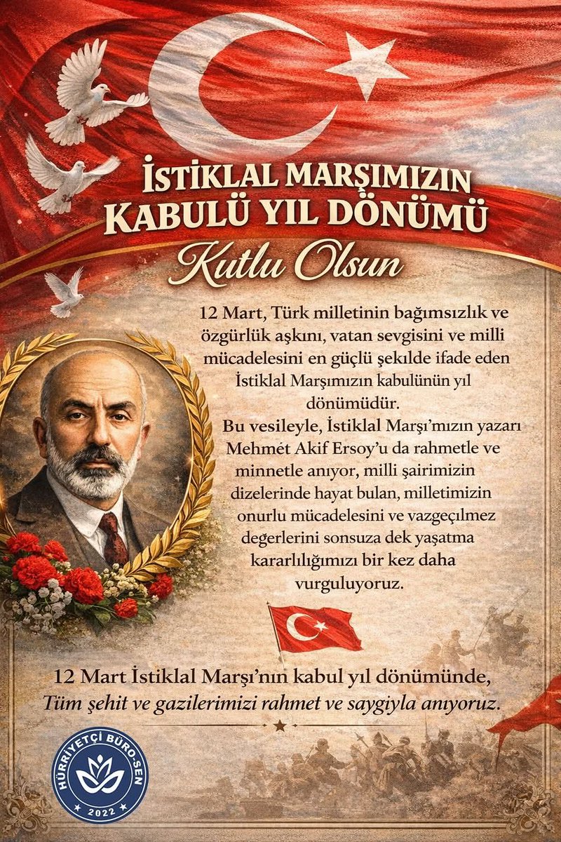 “12 Mart 1921 tarihinde Türkiye Büyük Millet Meclisi tarafından kabul edilen İstiklal Marşı’mız, milletimizin bağımsızlık aşkını, vatan sevgisini ve sarsılmaz imanını en güçlü şekilde ifade eden eşsiz bir eserdir.

Milli şairimiz Mehmet Akif Ersoy’un kaleminden dökülen bu anlamlı