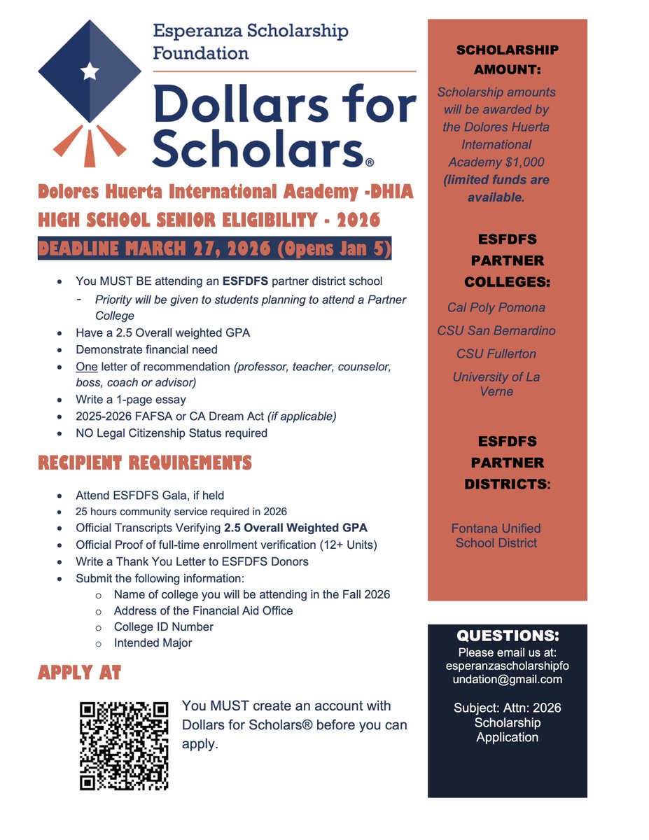 EsperanzaDFS's tweet photo. You still have TIME!
Dolores Huerta International Academy Graduating Seniors. Apply for Esperanza Scholarship Foundation Dollars for Scholars 2026 Scholarship. See attached details!  Good luck! https://t.co/LNrSbdcZQW
