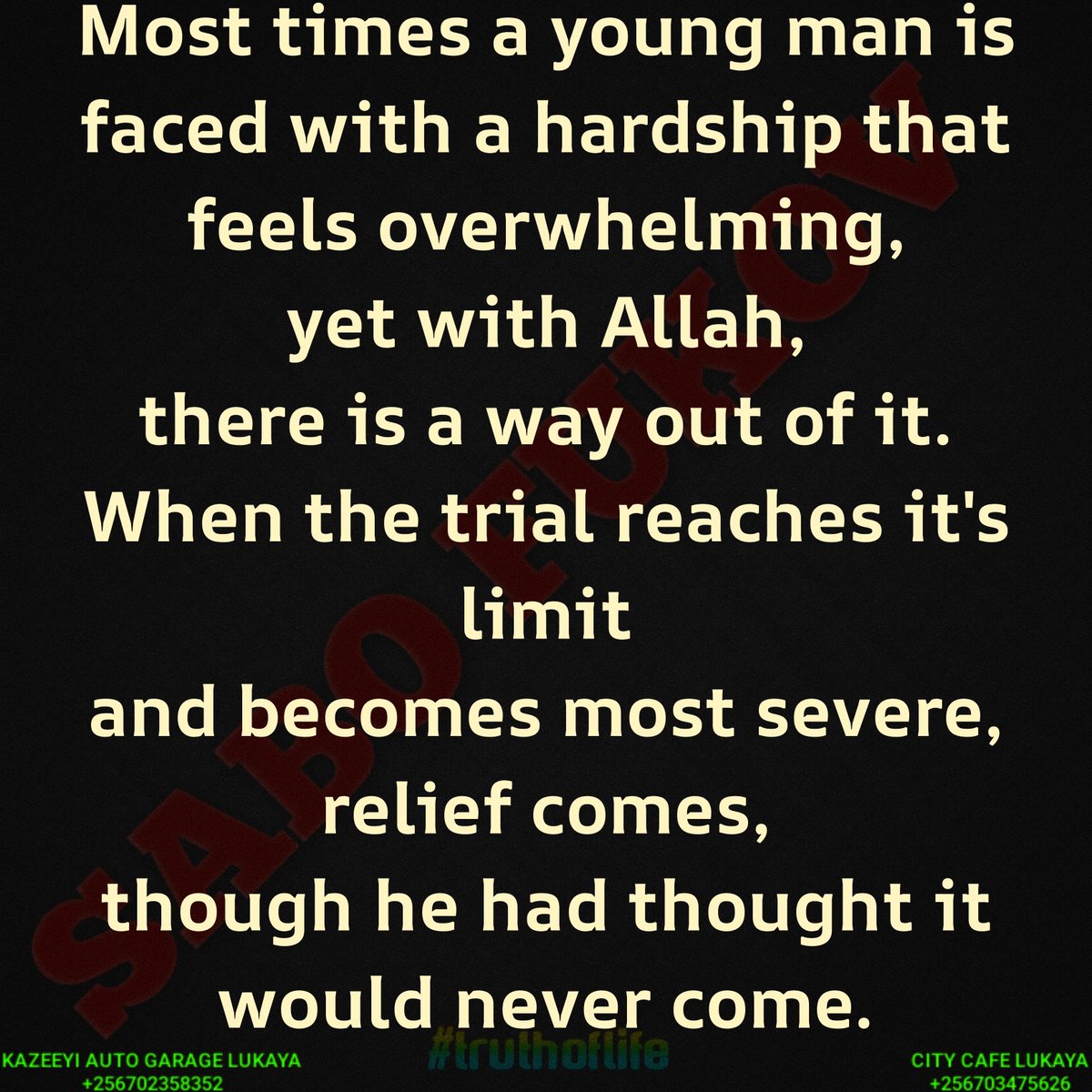 SaboFukov's tweet photo. Most times a young man is faced with a hardship that feels overwhelming, yet with Allah, there is a way out of it. When the trial reaches it's limit and becomes most severe, relief comes, though he had thought it would never come.
#follow #like #share #comment https://t.co/soRrjAYRpo