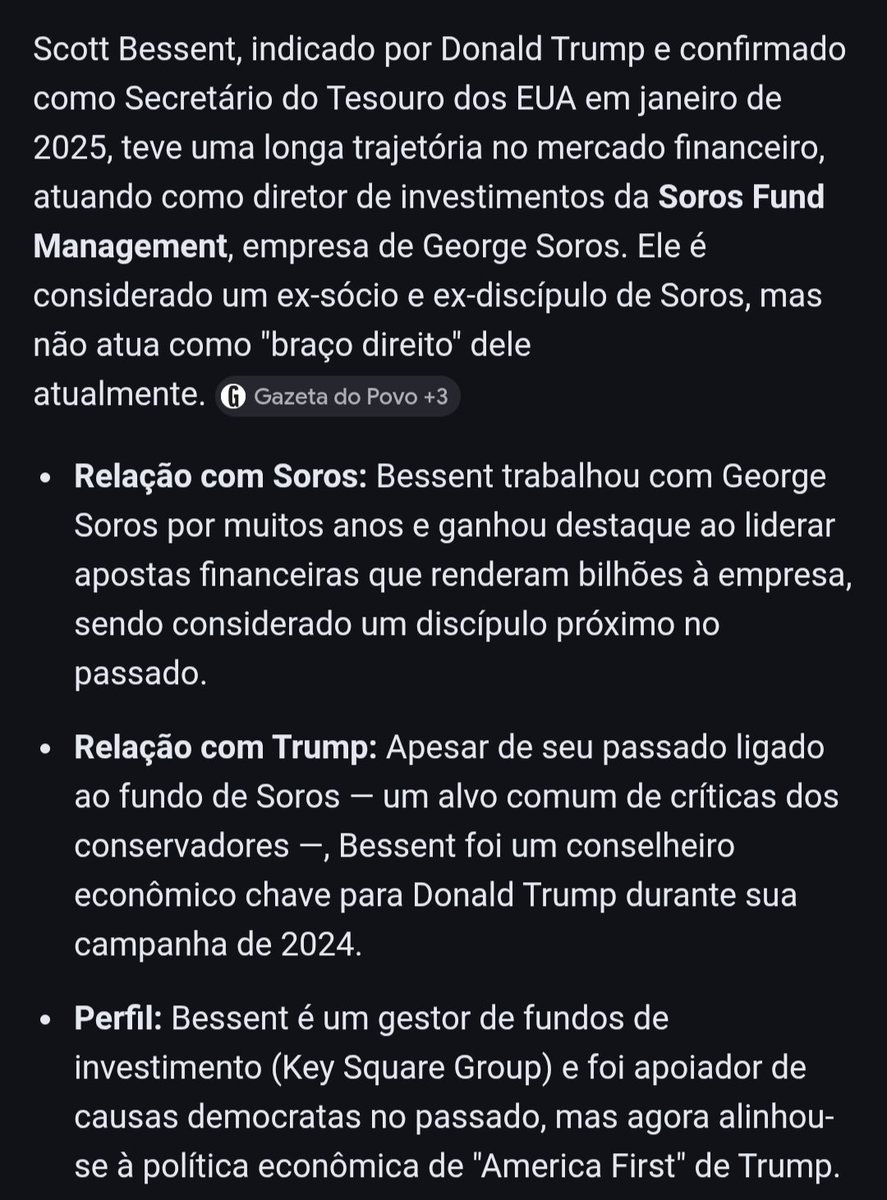 Então quer dizer que o secretário do tesouro americano indicado por Trump, Scott Bessent, é "best friend" do George Soros? Estou achando que Trump é um farsante.