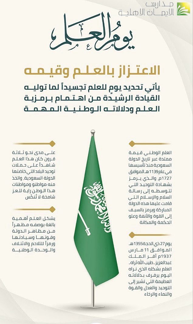 “في يوم العلم السعودي نستذكر رمز عزتنا ووحدتنا، ونجدّد الولاء لوطننا الغالي. حفظ الله المملكة ودام عزها. 🇸🇦” #يوم_العَلم