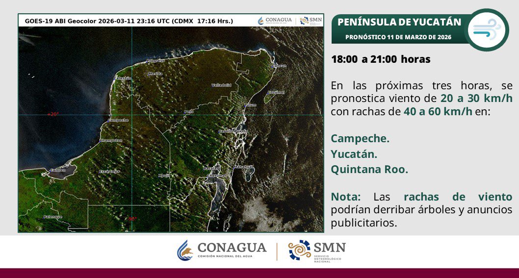 MaraLezama's tweet photo. 💨 Quintanarroenses, tomemos precauciones, en las próximas horas se pronostican vientos de 20 a 30 km/h con rachas de 40, 60 km/h en distintos puntos de #QuintanaRoo, lo que podría derribar árboles y anuncios publicitarios. 

#LaTripleA 

@conagua_clima @ProtCivil_QRoo https://t.co/0LmCjXnx3L