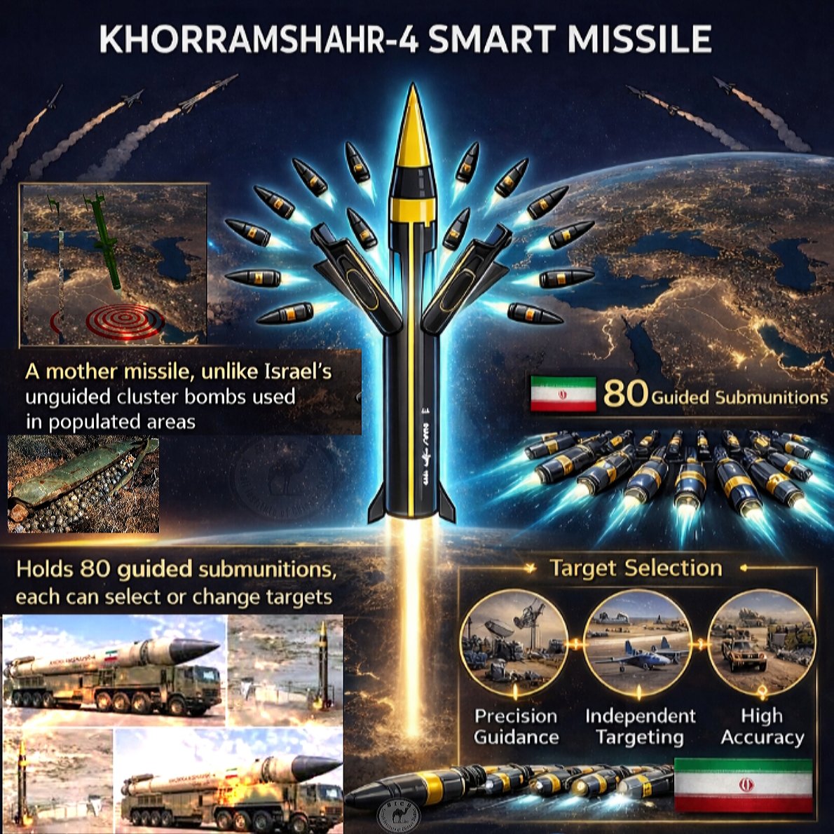Contrary to the Israeli propaganda, Iran is not using cluster bombs, instead it is using the Khorramshahr-4 smart missile which is a mother missile that holds 80 submunitions, and each submunition has the ability to select or change targets, unlike Israel's unguided cluster bombs