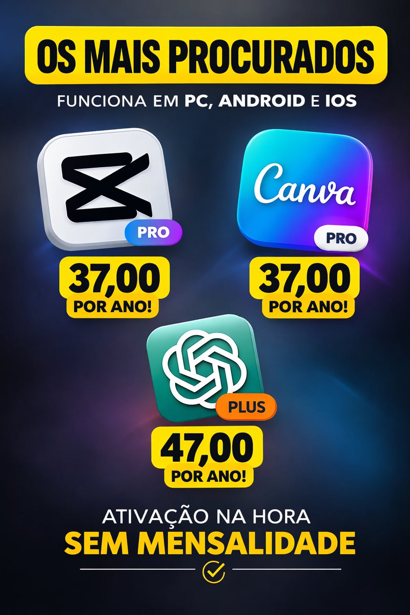 Pessoal, você precisa utilizar ferramentas como *CAPCUT PRO*, *CANVA PRO* *CHATGPT PLUS*
e tem interesse em utilizar Plataformas de Streamings como *YOUTUBE PREMIUM* e *DEEZER* sem anúncios, 
Me chama no pv para extrair o melhor de cada Ferramenta investindo pouco.