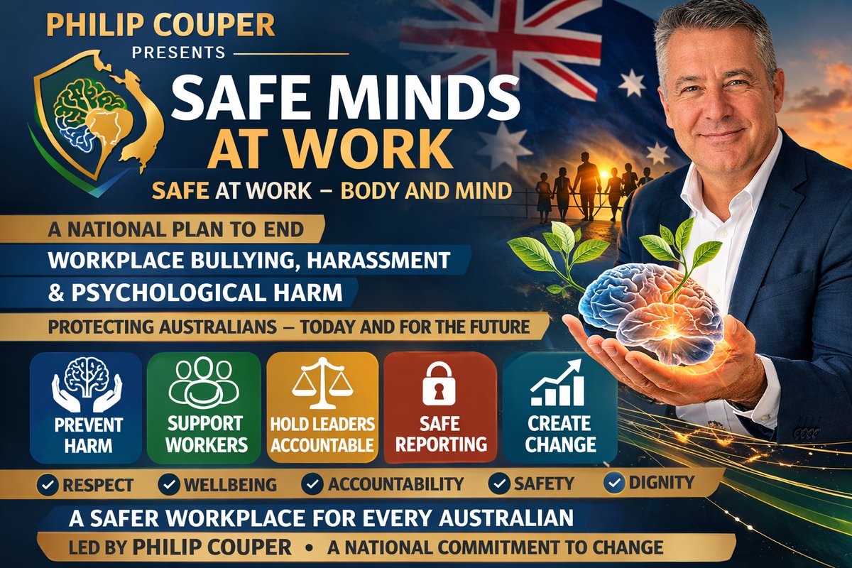 🚨 Launching Safe Minds at Work – where every Australian deserves safety physically &amp; mentally. Workplace bullying, harassment &amp; toxic culture must end. Please join me &amp; stand for #SafeMindsAtWork 🧠💼