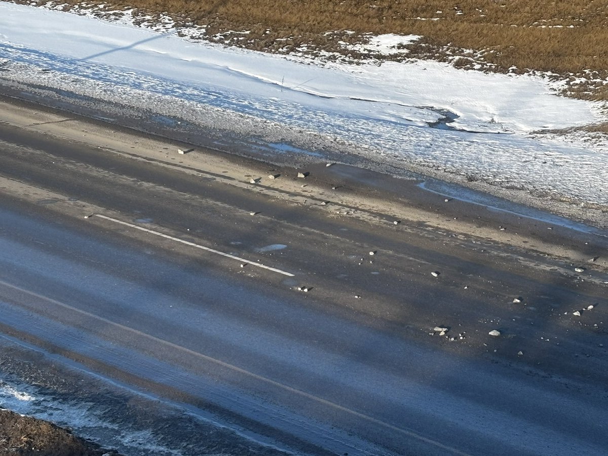 1/2 Another overpass hit in Saskatoon for the 2nd time in a week. This time it’s the 108th St. Overpass near Sutherland. Looks like a flatbed semi with a front loader hit it. Lots of cement/rocks under the bridge.