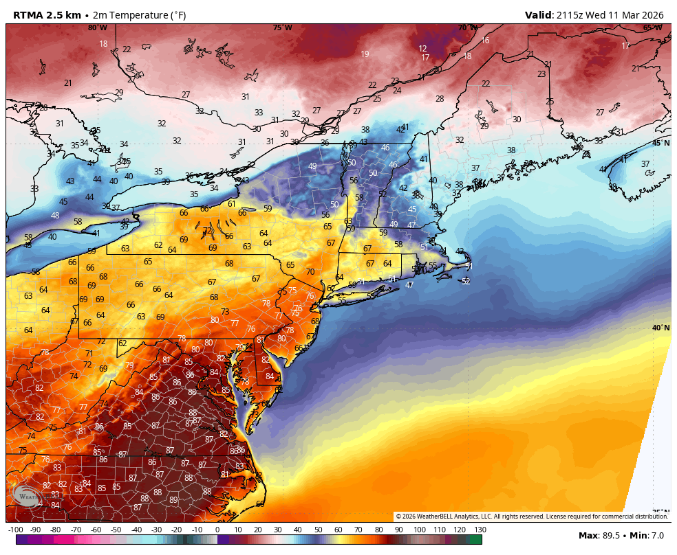 ScottPecoriello's tweet photo. Insane whiplash likely tomorrow across the Mid-Atlantic where temperatures will go from nearly 90 degrees to the mid-30s with heavy snow in <24 hours.

Left image shows high temperatures from earlier today with widespread 70s and 80s from Richmond to NYC.

Right image shows the simulated radar from the HRRR at 4 PM with widespread heavy snow across a large portion of the Mid-Atlantic, including DC, Philly, and NYC.

Wild stuff, even for March.