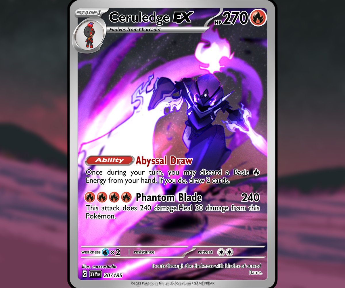 MazzuStudio's tweet photo. 🔥Ceruledge🔥
"When the flames turn violet… it’s already over."

Concept Card 20260312
#illustration #digitalart #conceptart #pokemon #cardgame https://t.co/lR2SEe39Qa