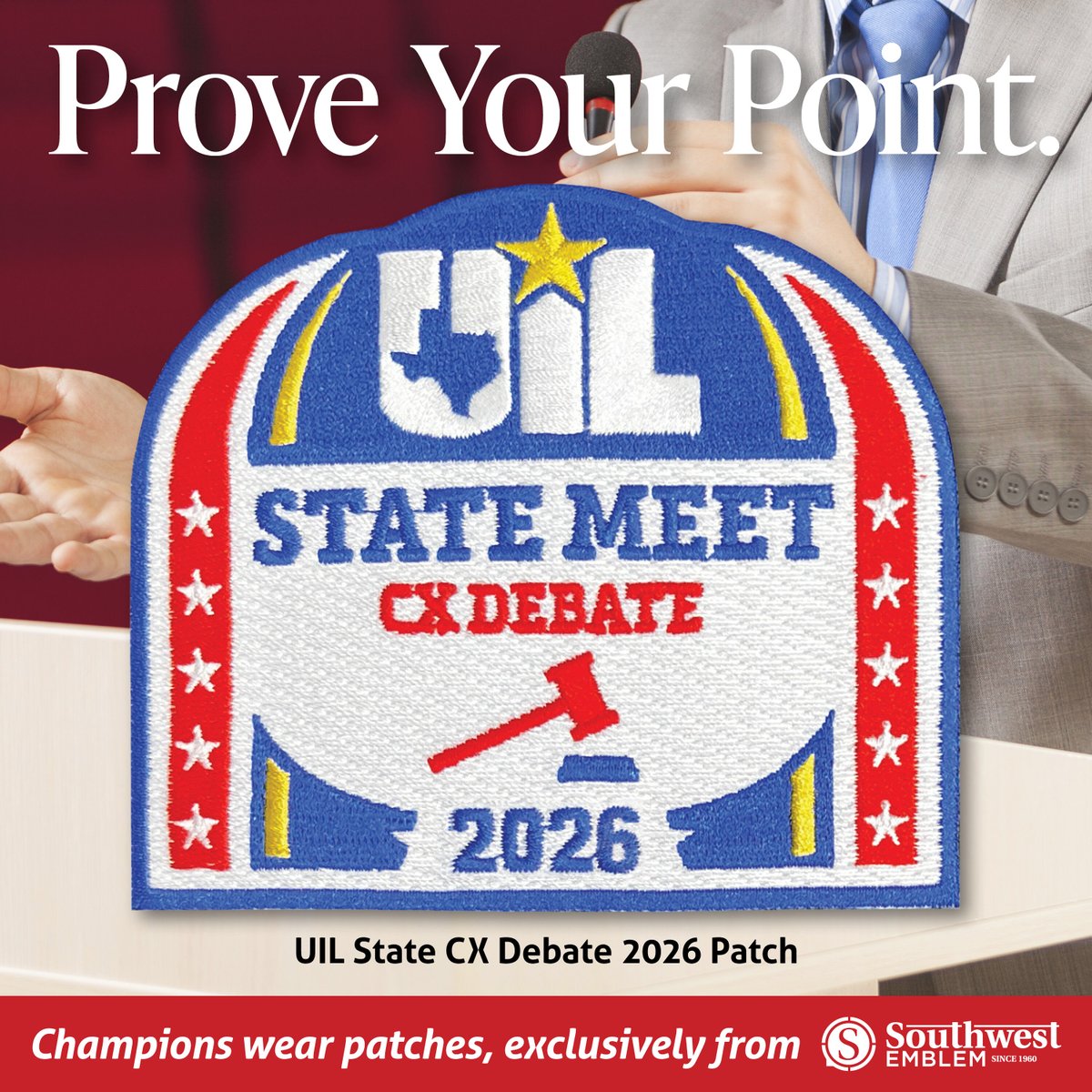 SouthwestEmblem's tweet photo. 🎤🏆 Next week, the best debaters from across the state will gather for the UIL State CX Debate Tournament, where sharp minds, powerful arguments, and months of preparation take center stage.🎖️

Good luck to all the competitors competing next week!

 #CustomPatches #UILPride https://t.co/KDgZbeaKpC