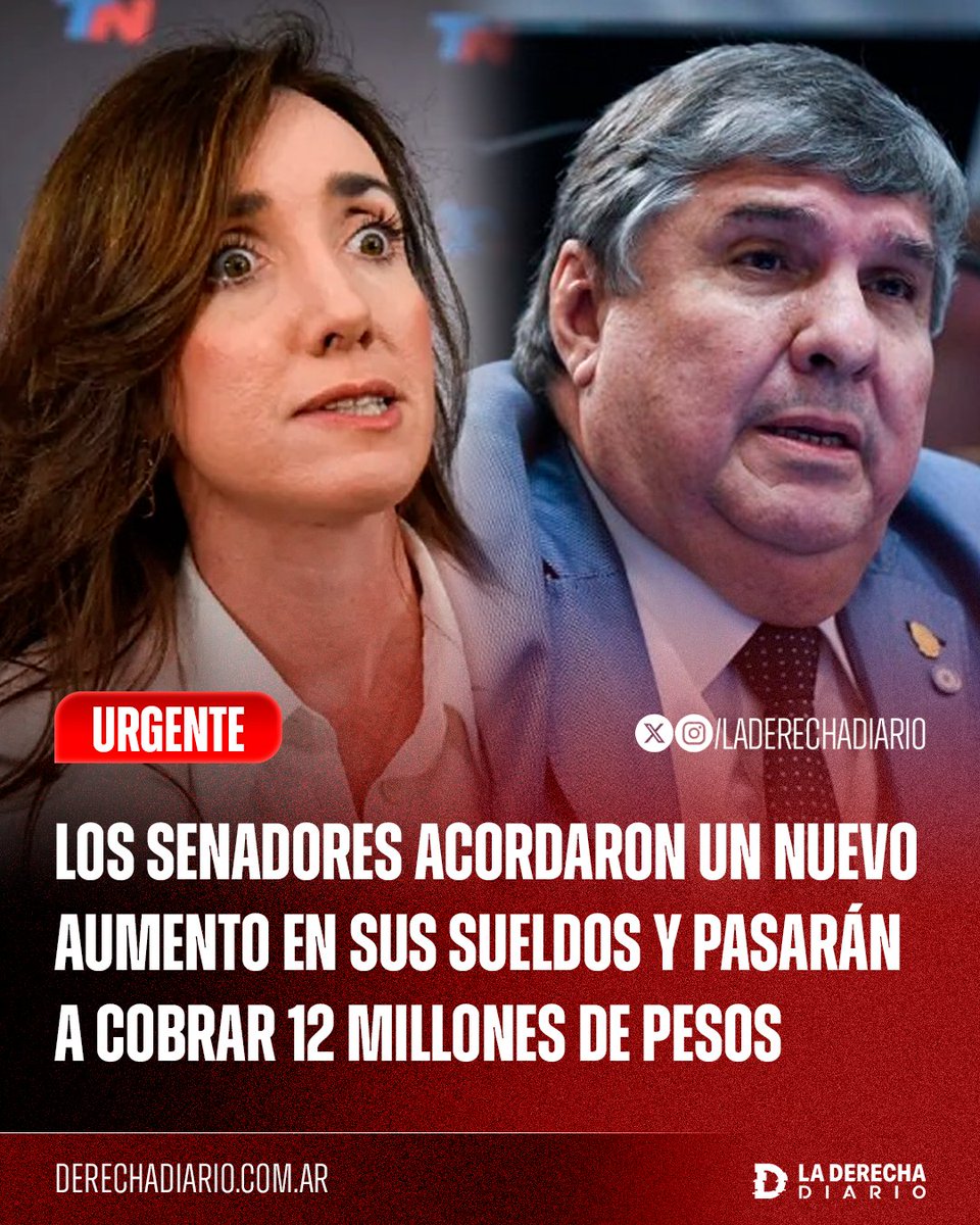 laderechadiario's tweet photo. 🚨🇦🇷 | #URGENTE LA CASTA SIGUE DE FIESTA: Los senadores acordaron con la traidora Victoria Villarruel aumentarse el sueldo un 11,9% y pasarán a cobrar casi 12 millones de pesos en los próximos meses. https://t.co/urqKq4E57e