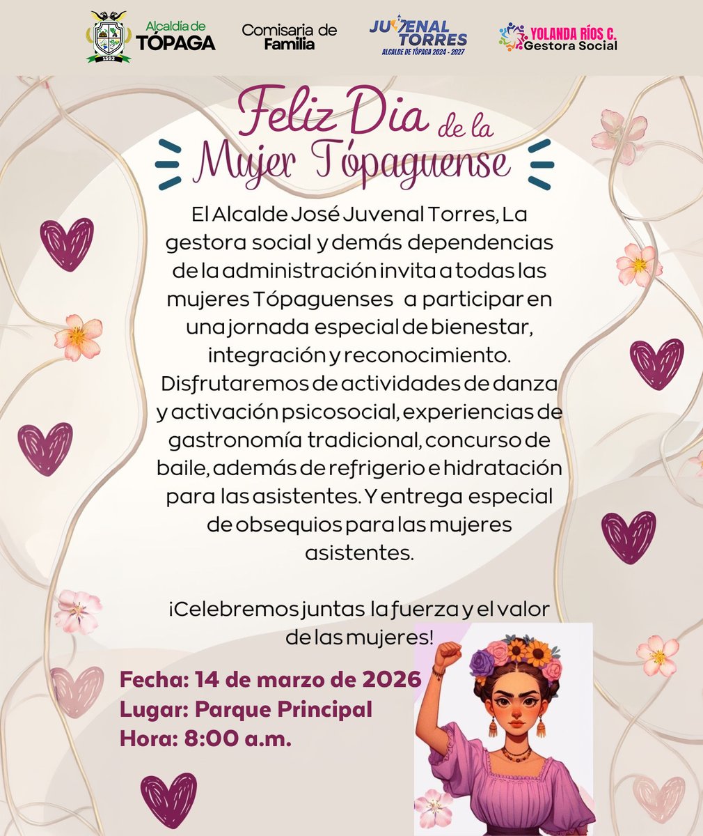 TopagaB's tweet photo. 🌸 Mujer Topaguense, ¡esta celebración es para ti!

El Alcalde Ing. José Juvenal Torres y la Gestora Social Yolanda Ríos te invitan a conmemorar juntas el Día de la Mujer Topaguense.

💜 Un espacio de bienestar, integración y reconocimiento para todas. https://t.co/26ZoW6lval