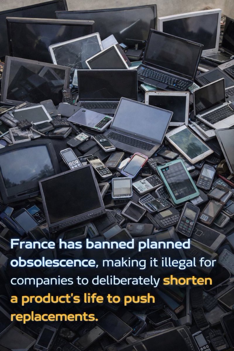 GhislainLambert's tweet photo. La France a franchi une étape audacieuse en érigeant l'obsolescence programmée en infraction pénale, ce qui signifie que les entreprises peuvent désormais être sanctionnées pour avoir intentionnellement conçu des produits destinés à s'user prématurément.

Si des fabricants conçoivent délibérément des appareils électroniques ou électroménagers qui tombent en panne prématurément – ​​que ce soit en raison de composants matériels défectueux, de mises à jour logicielles ralentissant les appareils ou d'autres limitations intégrées –, ils s'exposent à de graves sanctions. Celles-ci peuvent aller jusqu'à deux ans d'emprisonnement et des amendes de 300 000 € , voire jusqu'à 5 % du chiffre d'affaires annuel de l'entreprise dans les cas les plus graves.

Cette loi est née des efforts déployés en France pour protéger les consommateurs et a été renforcée après que des enquêtes sur les ralentissements téléphoniques ont révélé comment des logiciels pouvaient être utilisés pour inciter les gens à acheter des appareils de remplacement.

Mais il ne s'agit pas seulement de sanction. Cela s'inscrit dans le cadre plus large du mouvement français pour le « droit à la réparation », qui vise à réduire les déchets électroniques, à mettre fin aux mises à niveau forcées et cachées, et à encourager les entreprises à fabriquer des produits plus durables et plus faciles à réparer.

En luttant contre les produits jetables, la France envoie un signal fort aux fabricants du monde entier : il est impératif de concevoir des produits durables. L’objectif est un système plus durable où les articles sont réparés plutôt que remplacés, ce qui profite à la fois aux consommateurs et à la planète.