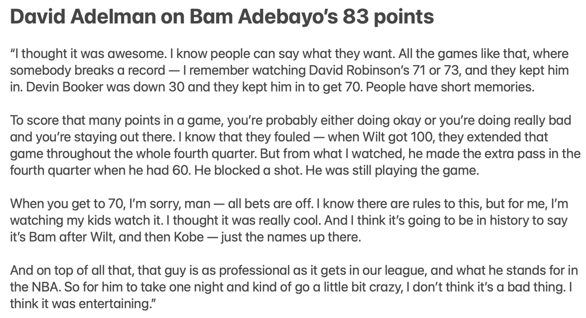 David Adelman on Bam Adebayo's 83 points:

"That guy is as professional as it gets in our league and what he stands for in the NBA. So for him to take one night and kind of go a little bit crazy, I don’t think it’s a bad thing."

Full Quote, Q via <a href="/TroyRenck/">Troy Renck</a>