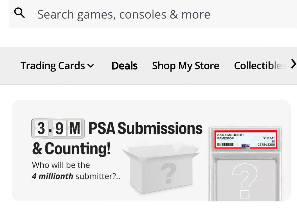 $GME GameStop first announced their collaboration with PSA on October 15, 2024 as they began to pivot with an increase in trading cards &amp; collectibles

By March 20, 2025 GameStop was at nearly 1,000,000 PSA submissions

Today, GameStop is nearing 4,000,000 <a href="/PSAcard/">PSAcard</a> submissions