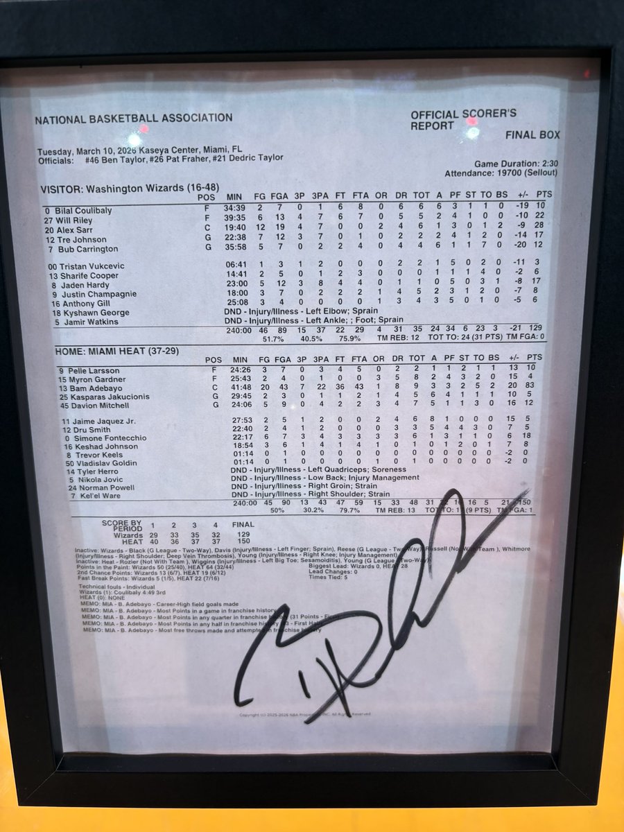 The haters can go ahead and live a joyless life, we’re gonna pose with the box score autographed by <a href="/Bam1of1/">13am Adebayo</a> 🔥