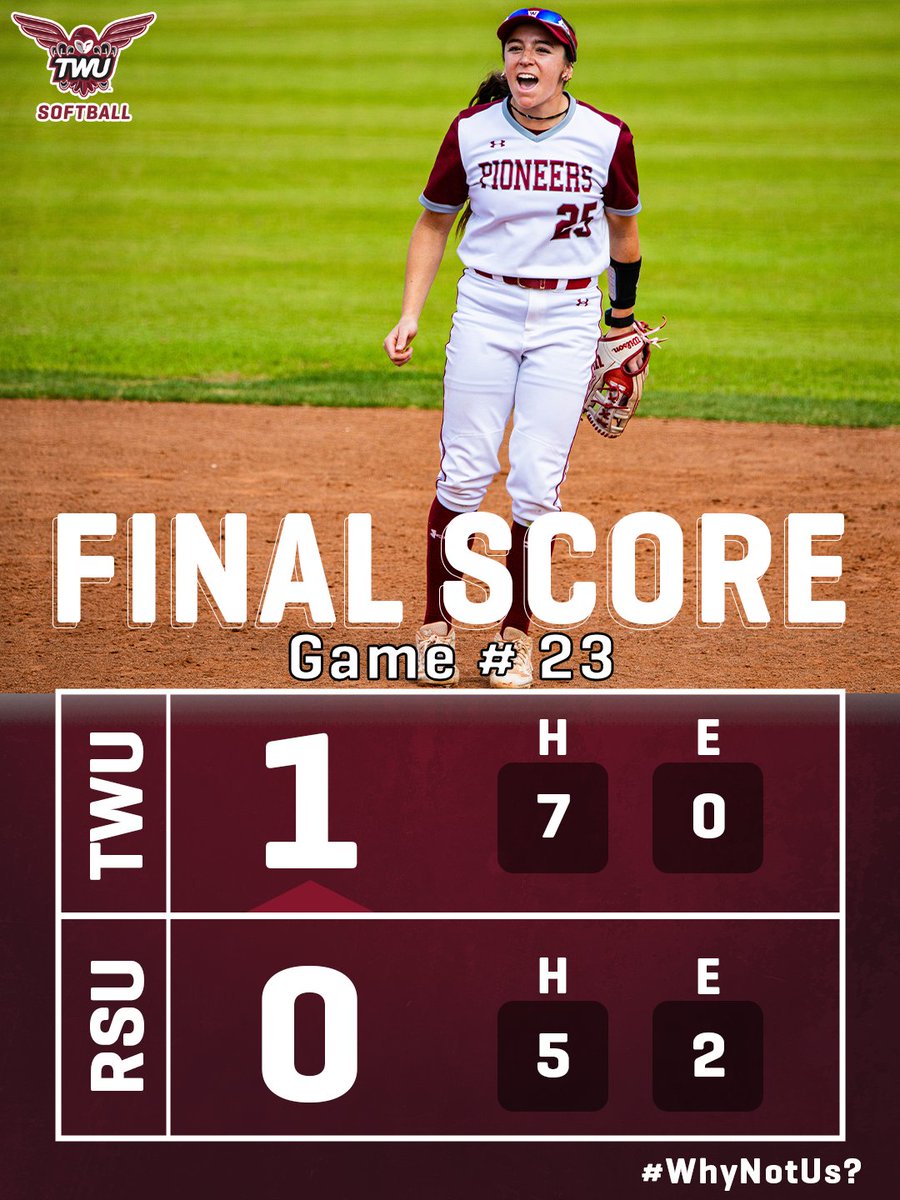 TWUSoftball's tweet photo. 𝑻𝑾𝑼 𝑫𝑬𝑭𝑬𝑨𝑻𝑺 𝑵𝑶. 18 𝑹𝑶𝑮𝑬𝑹𝑺 𝑺𝑻𝑨𝑻𝑬 𝑰𝑵 𝑮𝑨𝑴𝑬 2️⃣

🥎 Hawwa Townsend: 1 Hit, 1 RBI
🥎 Marissa Espinoza: 2 Hits, 1 Run

#PioneerProud | #WhyNotUs https://t.co/ICtahth7jS