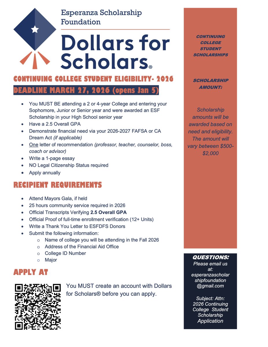 EsperanzaDFS's tweet photo. You still have TIME!
Continuing College Students. Apply for Esperanza Scholarship Foundation Dollars for Scholars 2026 Scholarship. See attached details!  Good luck! https://t.co/d18ZqtezKC