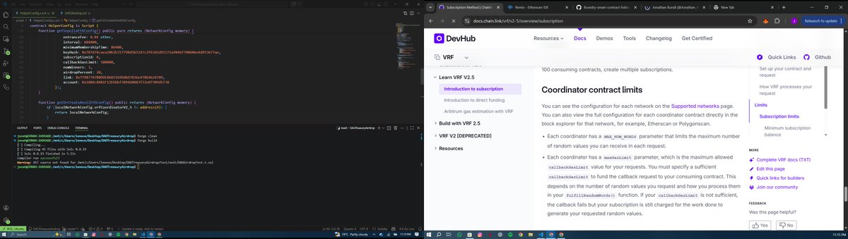Jonathan_W3b's tweet photo. Day 29 of my Smart Contract Security Researcher journey 🔐
Created a HelperConfig script to separate network configs from deployment logic. Supports Sepolia and Anvil, and spins up VRFCoordinatorV2.5 + LINK mocks locally for testing.
#Solidity #SmartContracts #Foundry https://t.co/ynKQJled1y