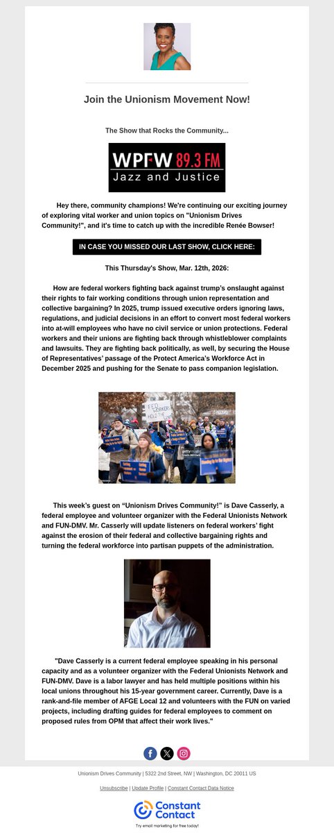 Thurs., March 12 @ 5 pm, EDT, <a href="/WPFWDC/">WPFW89.3</a>'s "Unionism Drives Community!" guest DAVE CASSERLY will discuss trump's trampling federal employees' civil service and collect. bargaining rights and workers' fightback to serve the rights and needs of America's people!