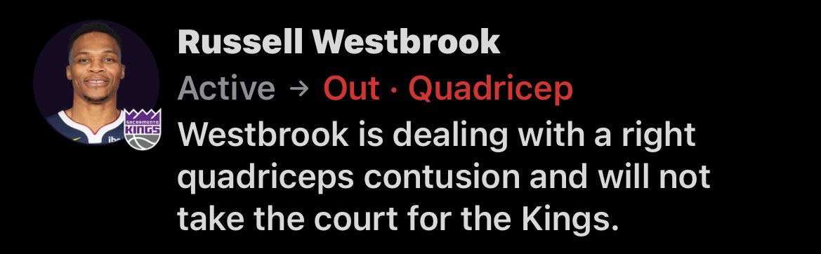 Russ is OUT tonight against the hornets