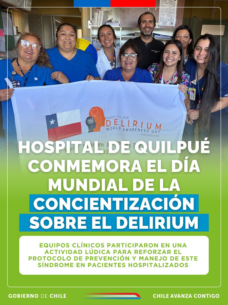 En el Día Mundial de la Concientización del Delirium, equipos del Hospital de Quilpué participaron en un recorrido lúdico por los servicios clínicos para reforzar la prevención y detección precoz de este síndrome en personas mayores hospitalizadas. 🏥👵🏽👴🏽