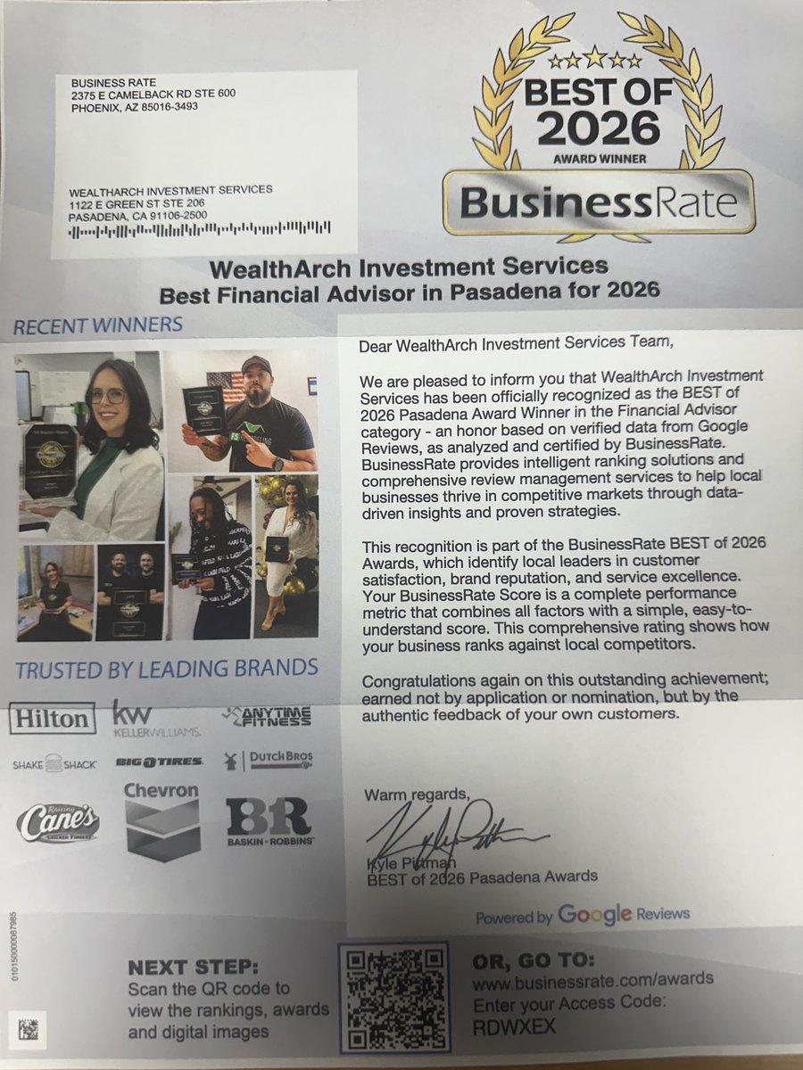 WealthArch Investment Services is honored to be named the Best Financial Advisor in Pasadena for 2026 by BusinessRate.

A heartfelt thank you to our clients—your feedback and trust earned this distinction.

#FinancialAdvisor #Pasadena #WealthManagement