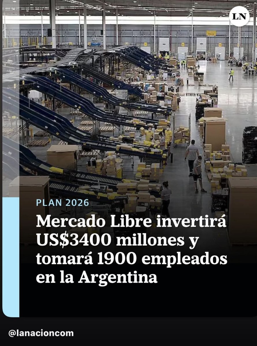 aetchebarne's tweet photo. Positivo:

La próxima inversión de Mercado Libre, por sí sola, generará más del doble de empleados de los que despidió FATE.
USD 3400 MM , 1900 empleos

Fuente: La Nación https://t.co/164ptPVNps