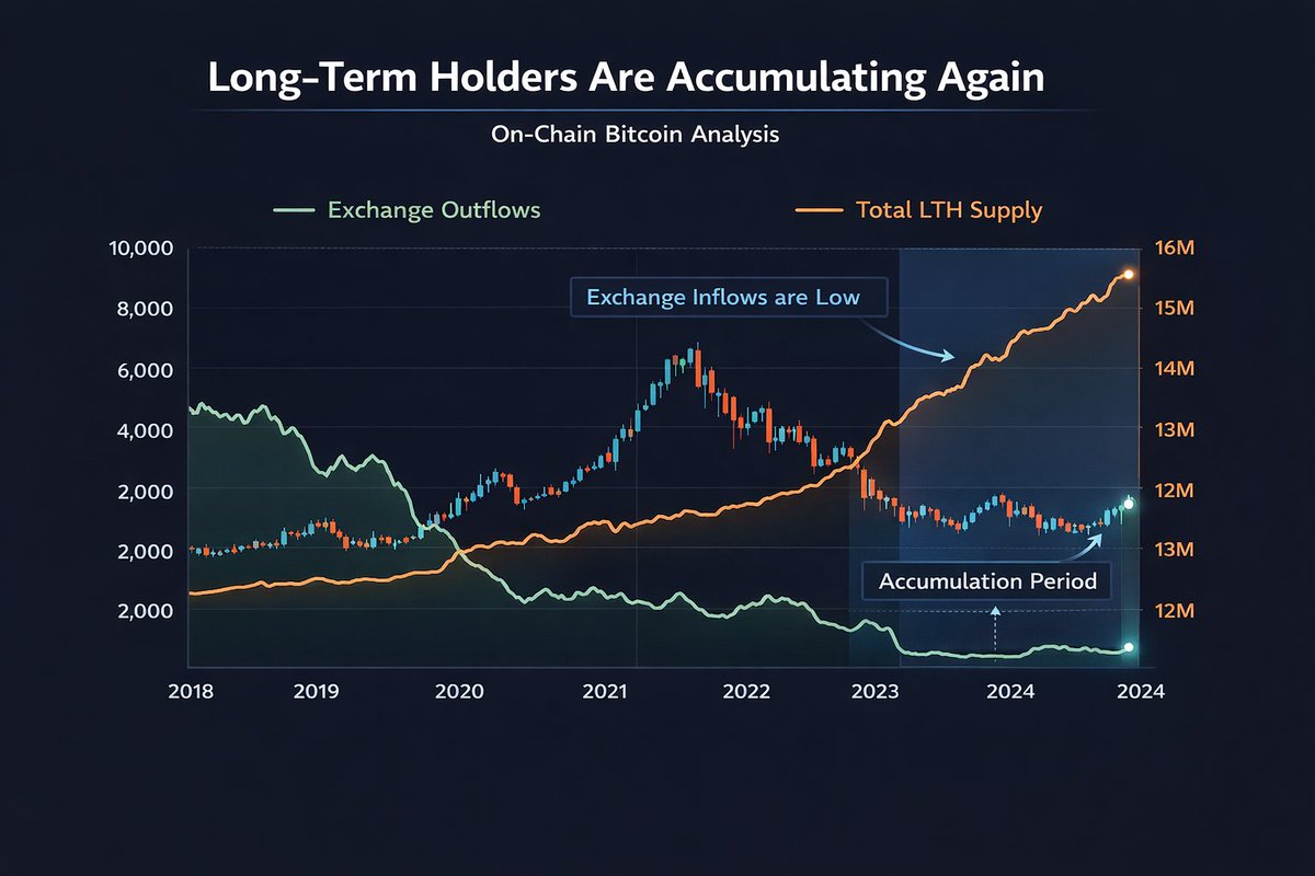 Victormcrypto's tweet photo. �� On-chain data shows long-term Bitcoin holders are accumulating again.
Historically, accumulation by LTHs happens near cycle bottoms.
Exchange inflows remain low → less selling pressure.
Realized Price vs Market Price indicates potential bottoming signals. https://t.co/WDSBqMNf2H