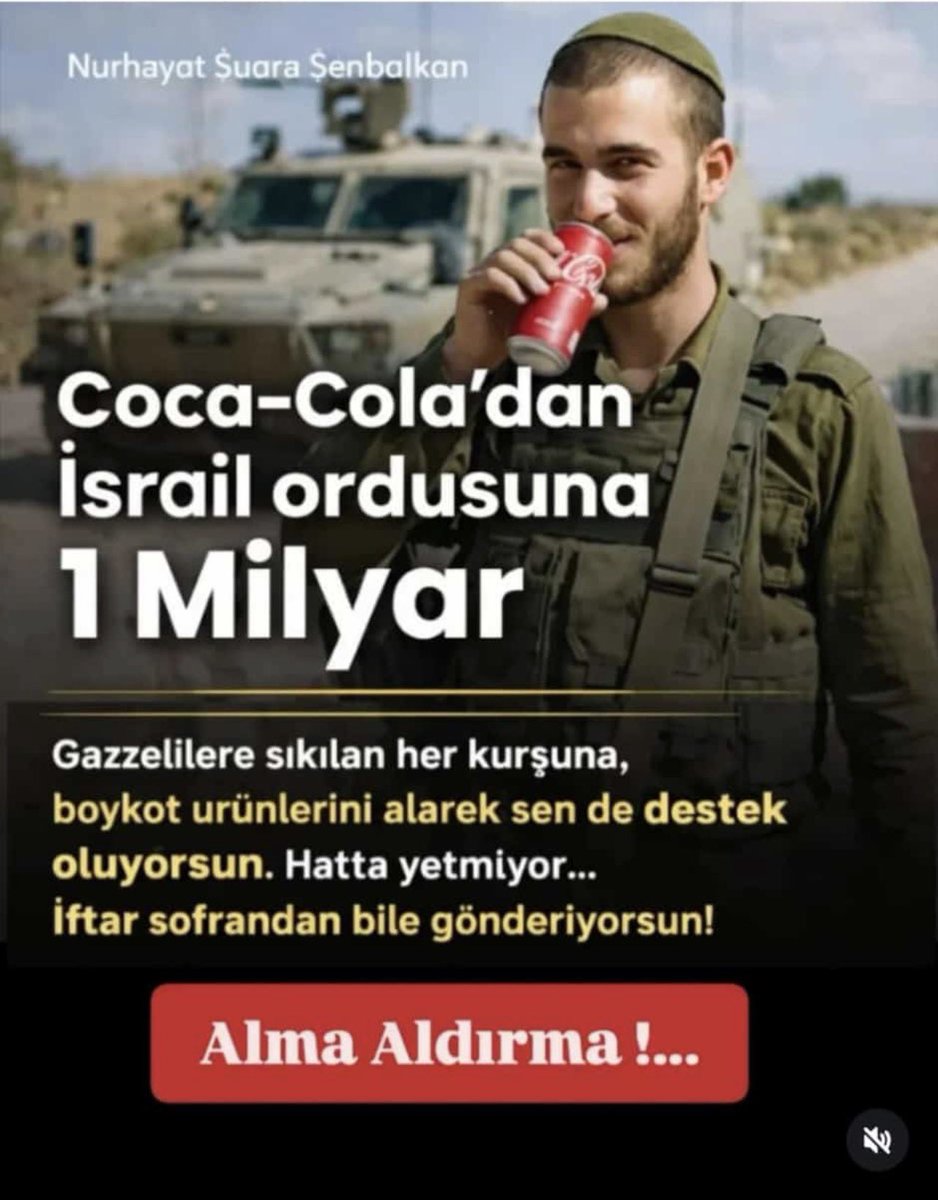 Hala boykot yapmaktan aciz olanlara ben almazsam ne olacak diyenlere sesleniyorum..

Kardeşlerinizi öldürüyorlar zalimi cesaretlendiren Müslümanların sessizliğidir..

Gazze'yi Unutma
🚨 #LookAtGaza