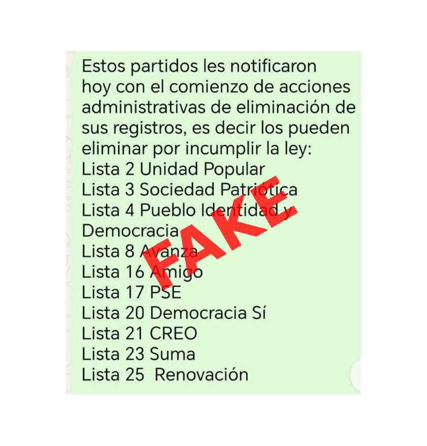 Como Representante Legal del <a href="/PartidoAvanza8/">Partido Político Avanza 8</a>, certifico que no he recibido ninguna notificación oficial sobre causas o procesos administrativos que impliquen la eliminación de nuestra OP del registro de organizaciones políticas.

Rechazo de manera categórica la difusión de