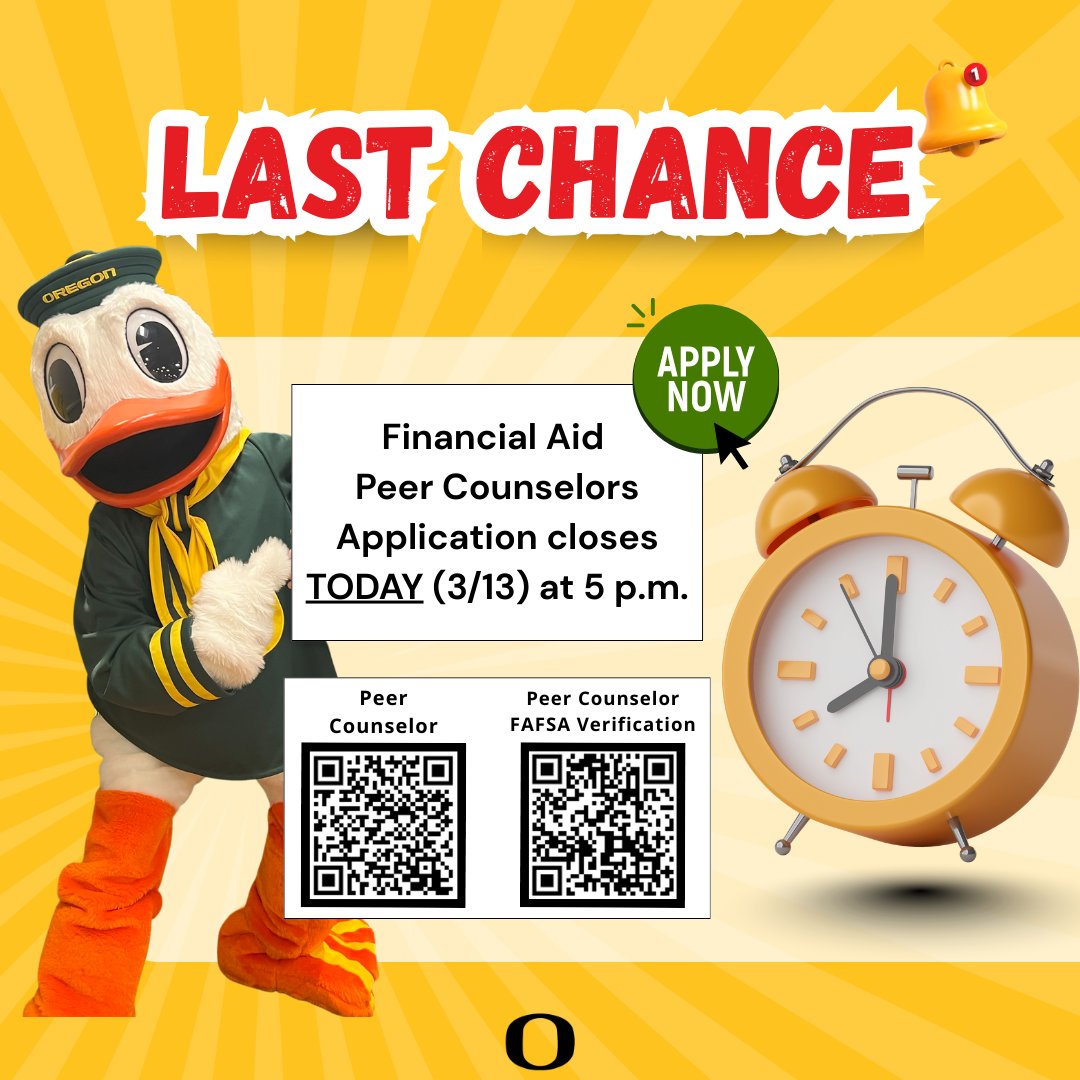 UOregonFinAid's tweet image. ¡Última oportunidad! ⏰
Las solicitudes para Consejeros Pares en la Oficina de Ayuda Financiera y Becas cierran HOY (3/13) a las 5pm. ¡Envía la tuya antes de que sea demasiado tarde! 🦆💚 #uoregon #OSFAS #nowhiring #apply #peercounselor