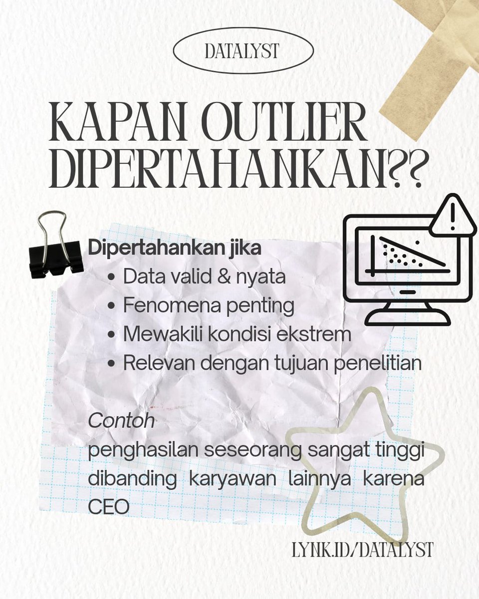 datalyst_'s tweet photo. Outlier itu dibuang atau dipertahankan?🤔
Jawabannya: tergantung konteksnya.
Jangan asal hapus sebelum dianalisis dulu 📊

Butuh bantuan??
Datalyst siap membantu!!🤓☝🏻
🔗https://t.co/5yJlpYW9LC

#Datalyst #Skripsi #AnalisisData #KonsultasiData #Outlier https://t.co/KWfkVUN0r0