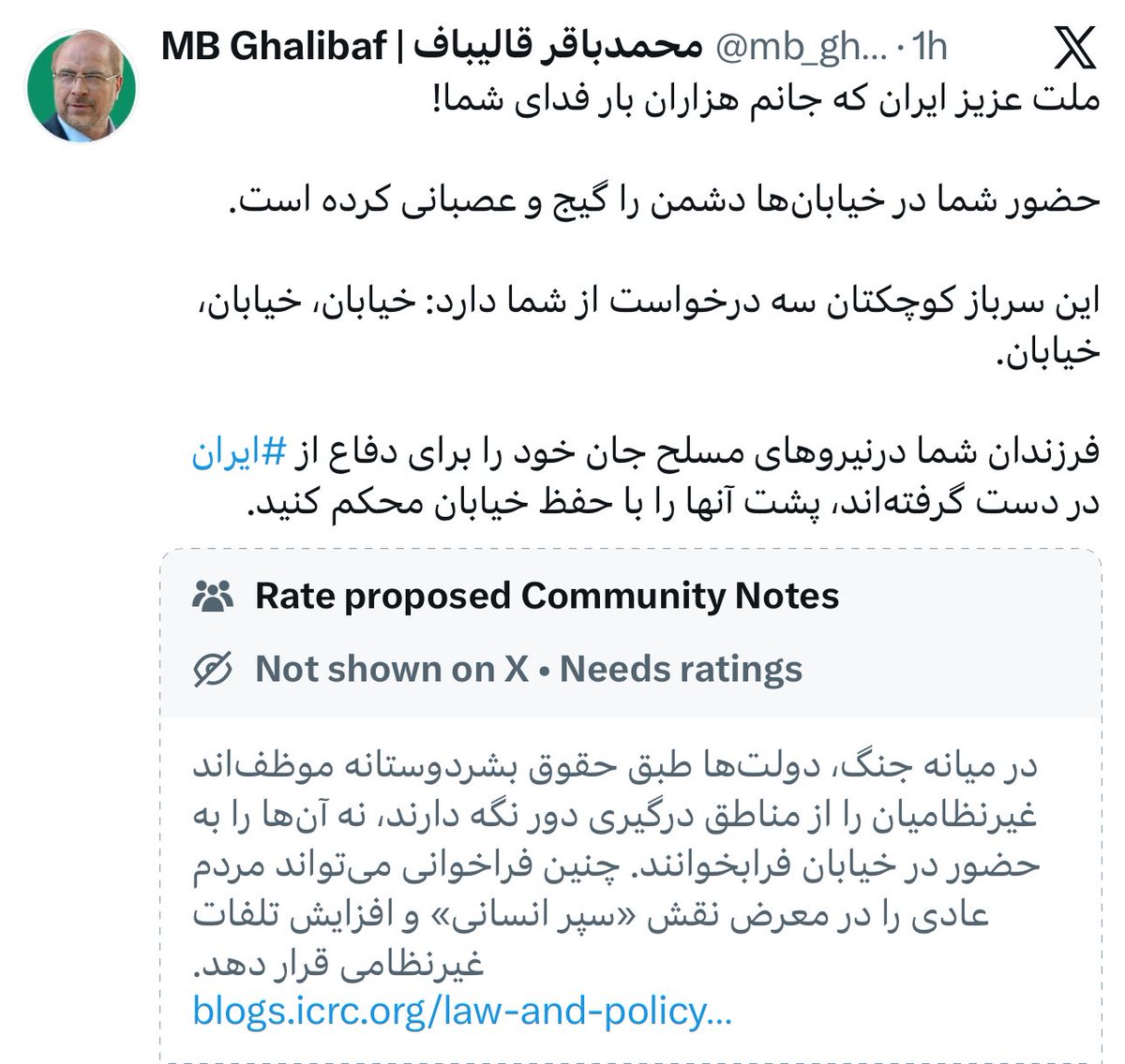 فردا هیچ بی‌پدر و مادری نیاد بگه مردم عادی رو تو خیابون زدن. اینا خودشون نیروهاشون رو فراخواندن که سپر انسانی درست کنن. پس هرکسی تو خیابون کشته بشه، مزدورهای خودشونه نه مردم عادی؛ چون هم شاهزاده، هم ترامپ و حتی بی‌بی گفتن مردم در خونه‌هاشون بمونن.