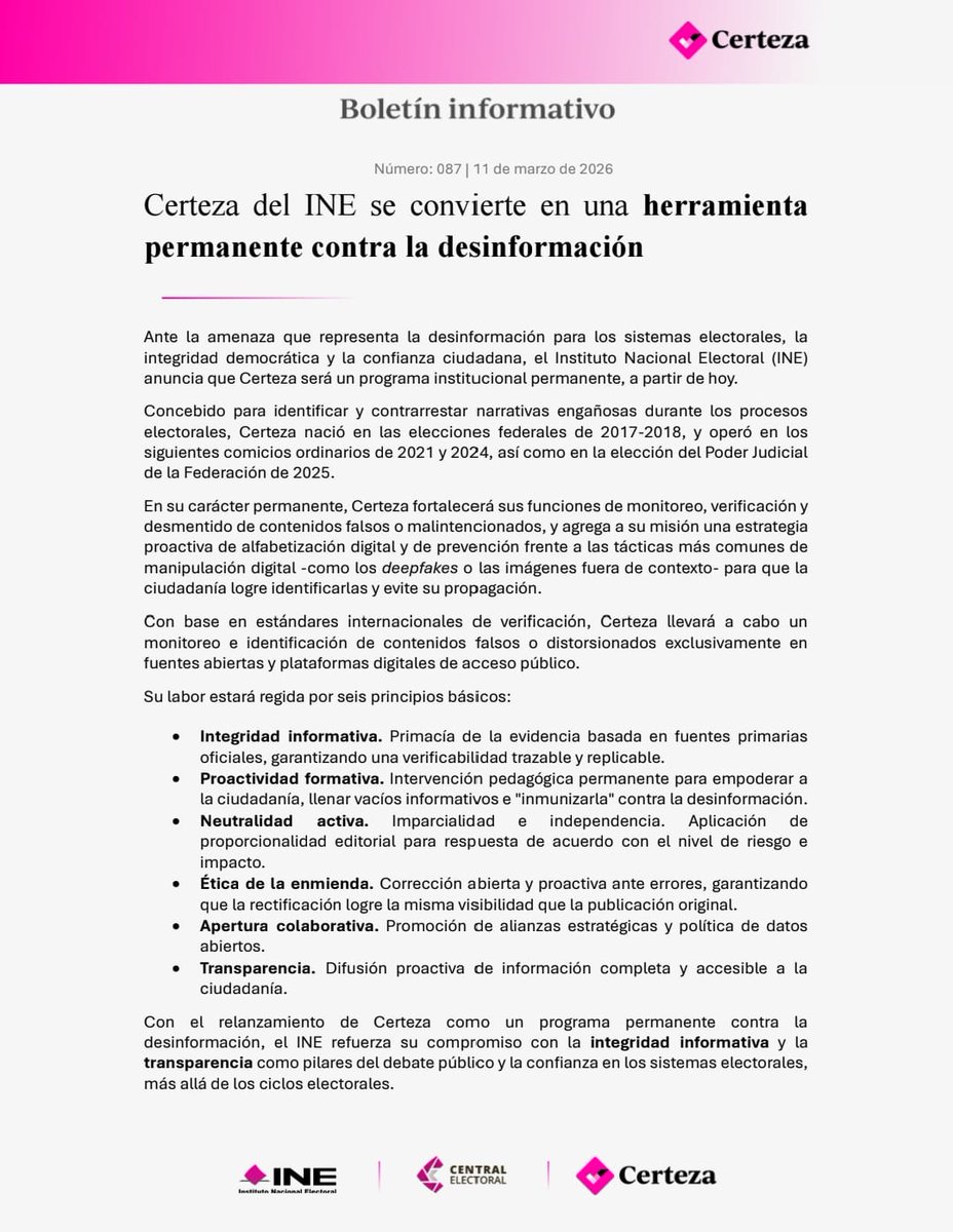#BoletínINE | Certeza del INE se convierte en una herramienta permanente contra la desinformación.

centralelectoral.ine.mx/2026/03/11/cer…