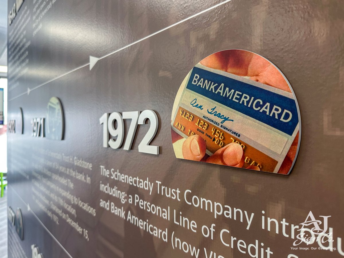 AJSigns's tweet photo. History now greets customers at @Trustco_Bank’s Niskayuna-Woodlawn branch! We recently designed and installed a custom timeline wall that highlights the bank’s story! #TrustcoBank #AJSigns | #YourImageOurEverything https://t.co/Z23ZEYQADl