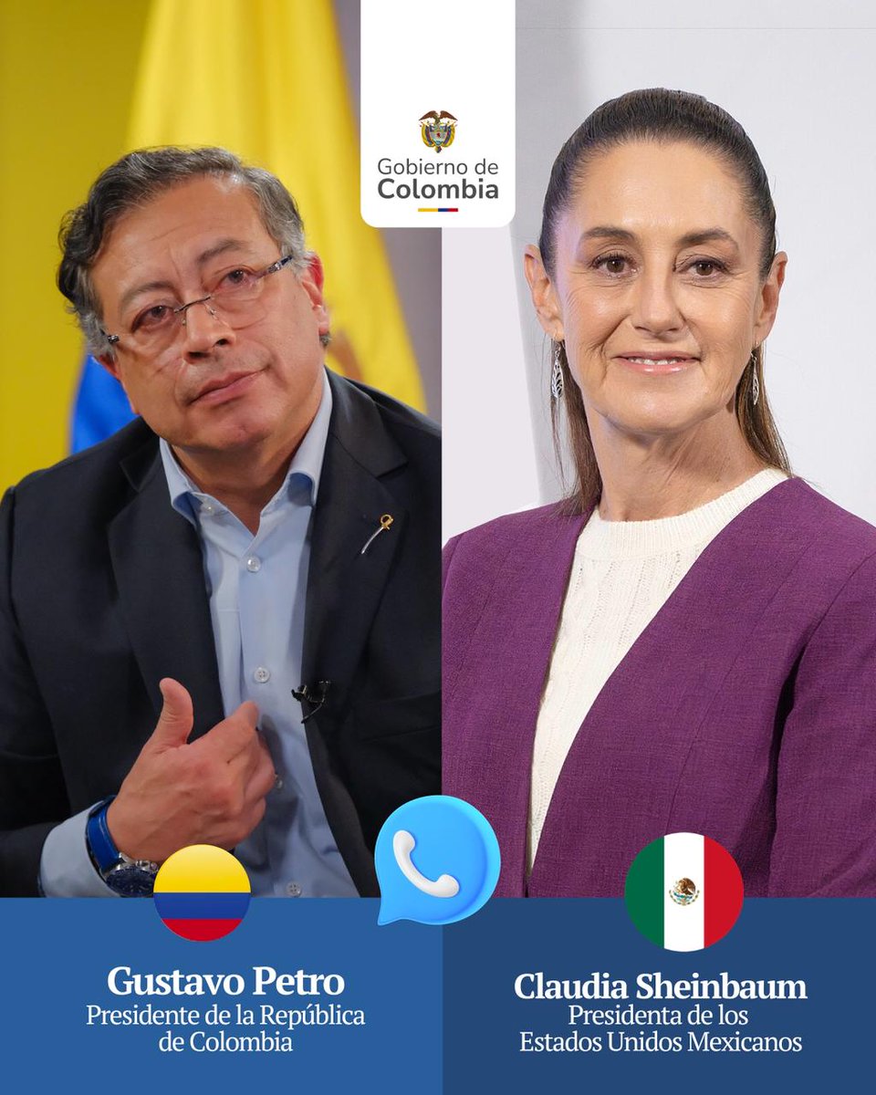 🇨🇴🇲🇽 El Presidente @PetroGustavo conversó este miércoles con la presidenta de México, <a href="/Claudiashein/">Claudia Sheinbaum Pardo</a>. Durante el diálogo, ambos mandatarios abordaron temas como el conflicto en Medio Oriente, la unión latinoamericana, entre otros. 

México confirma su participación en la Cumbre