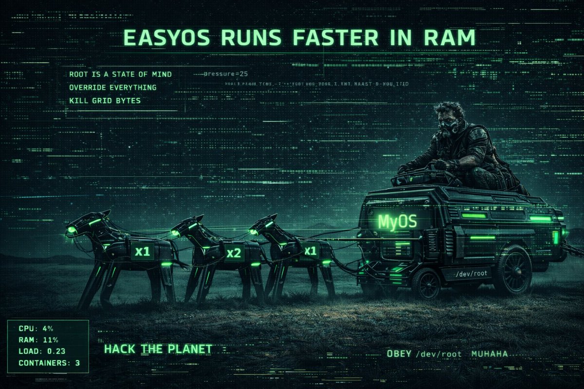 pp4mnk_fusilli's tweet photo. EasyOS runs faster in RAM.

Containers pulling the system forward.
Root access. Total control.

Not just using Linux.
Owning it.

#Linux #EasyOS #Containers #RunInRAM #HackThePlanet #RootAccess #OpenSource #Cyberpunk https://t.co/06DxmmNIIC