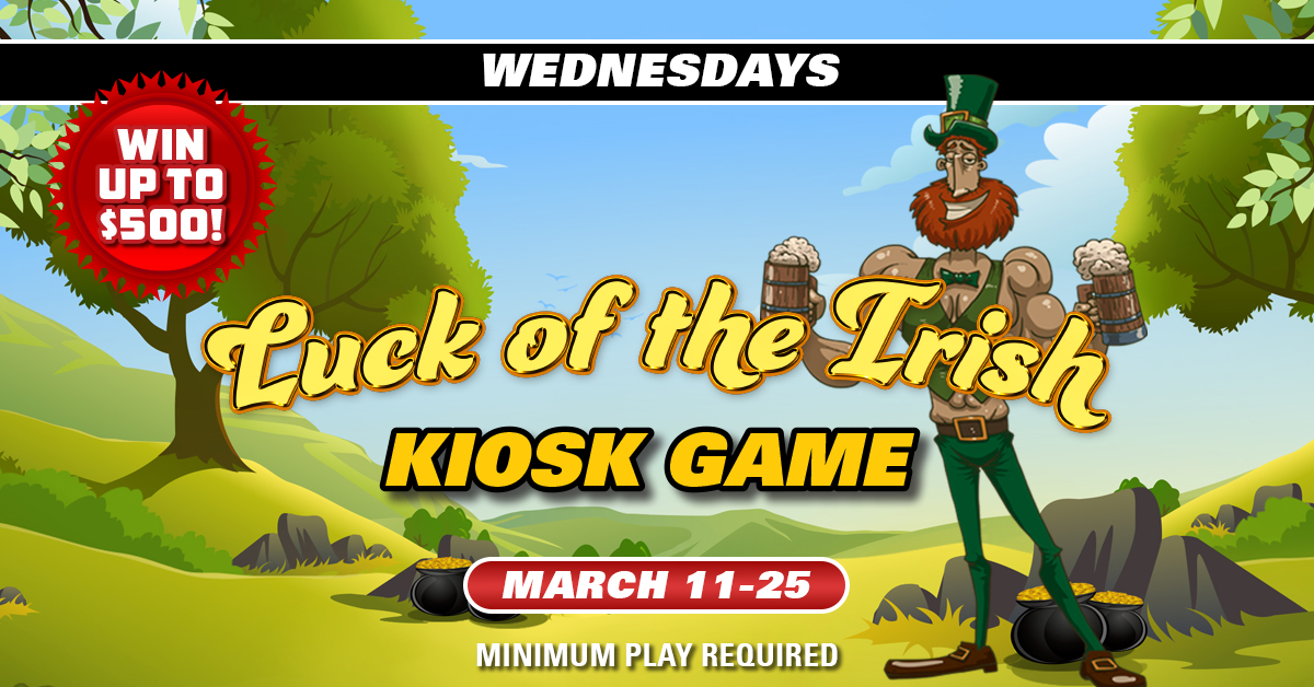 Win up to $500 this Wednesday at Sharkey's Casino! 🍀Rewards Club members who earn 100 same day base points this Wednesday can play the Luck of the Irish Game at our Promo Kiosk to win cash, free play, food vouchers, gift cards and multipliers. Stop by guest services for info.