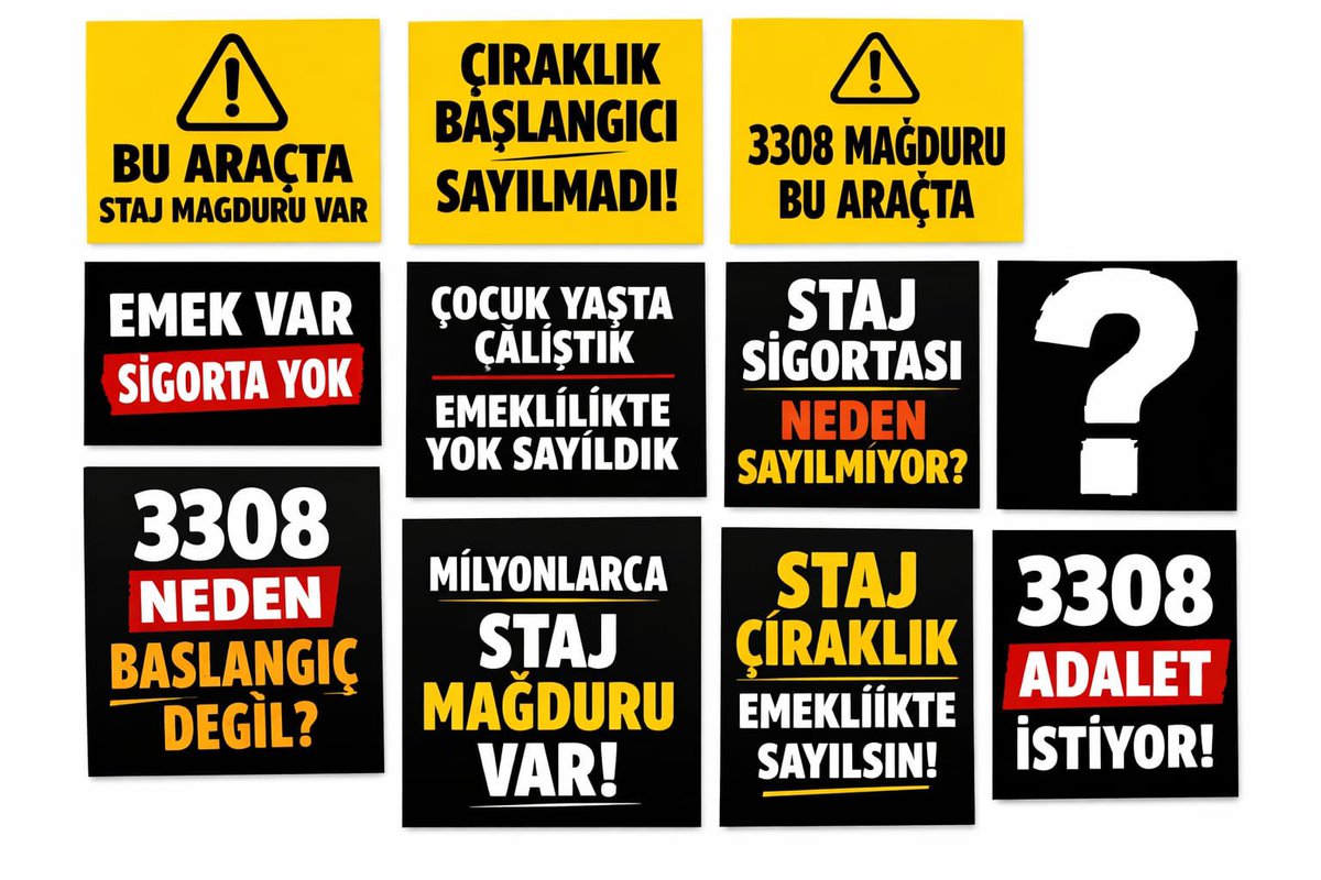 CirakStajFED's tweet photo. Staj ve Çıraklık Sigortası Mağdurları Federasyonu’ndan Kamuoyuna Çağrı

Türkiye’nin dört bir yanında yıllarca staj ve çıraklık kapsamında çalışmış, üretime katkı sunmuş, emek vermiş milyonlarca insan bugün aynı gerçeğin karşısında durmaktadır: 

Çalışılan yıllar var, verilen emek var; ancak emeklilik hesabında başlangıç yok sayılmıştır.

Bu durum yalnızca bireysel bir mağduriyet değil, aynı zamanda toplumsal bir farkındalık meselesidir. Staj ve çıraklık döneminde sigorta kaydı yapılan ancak emeklilik başlangıcı olarak kabul edilmeyen milyonlarca kişinin sesi daha görünür olmalıdır.

Bu amaçla Staj ve Çıraklık Sigortası Mağdurları Federasyonu olarak yeni bir farkındalık çalışması başlatılmıştır.

Hazırlanan görsellerin;
• Araç camlarına
• Evlerin balkon ve pencerelerine
• İş yerlerine
• Görünür alanlara
asılması ve sosyal medya üzerinden paylaşılması, konunun kamuoyunda daha geniş kitlelere ulaşmasına önemli katkı sağlayacaktır.

Her bir araç, her bir pencere, her bir görünür alan bu mağduriyetin sessiz ama güçlü bir duyurusuna dönüşecektir. 

Trafikte ilerleyen bir araçta görülen bir mesaj, bir balkondan sarkan bir yazı ya da bir iş yerinin camındaki bir görsel; milyonlarca insanın yaşadığı gerçeği toplumun dikkatine sunacaktır.

Staj ve çıraklık sigortası mağduriyeti görmezden gelinmeyecek kadar büyük, ertelenemeyecek kadar gerçek bir konudur. 

Bu nedenle hazırlanmış olan farkındalık görsellerinin mümkün olan en geniş şekilde paylaşılması ve kullanılması büyük önem taşımaktadır.

Tüm staj ve çıraklık sigortası mağdurlarının ve bu haklı talebe duyarlılık gösteren vatandaşların bu çalışmaya destek vermesi, sesin daha güçlü duyulmasına katkı sağlayacaktır.

Görünür olmak, duyulmanın ilk adımıdır..

Staj ve Çıraklık Sigortası
Mağdurları Federasyonu

Susmayın
#StajyerÇırakYarımSigortaylaHalaMağdur